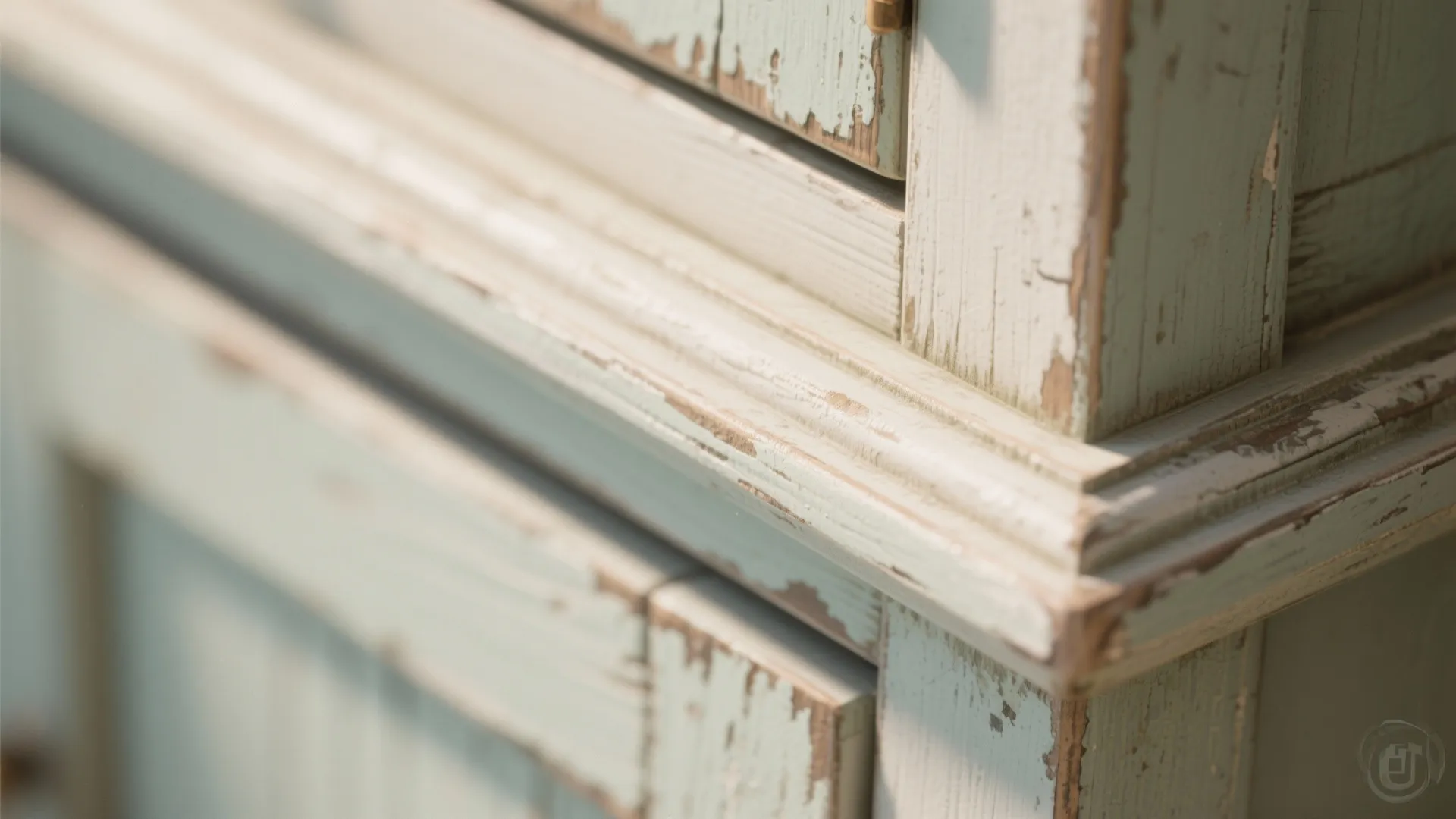Macro of gently distressed cabinet edge showing light sanding and vintage charm.