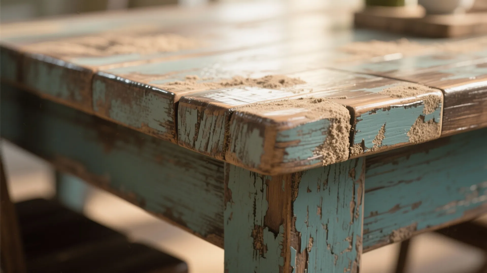 Close up shot of a weathered blue wooden table featuring peeling paint and textured wood surface