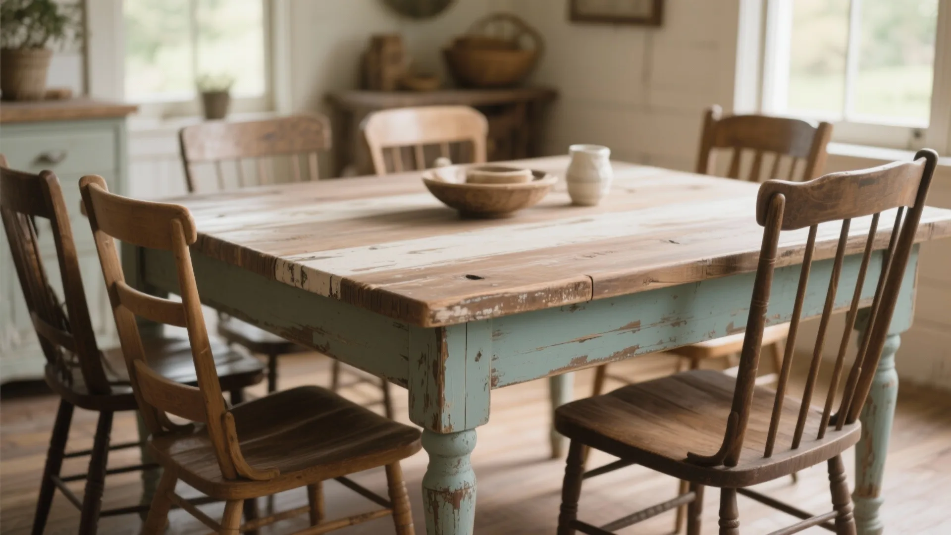 Distressed dining table with sanded paint edges in farmhouse kitchen