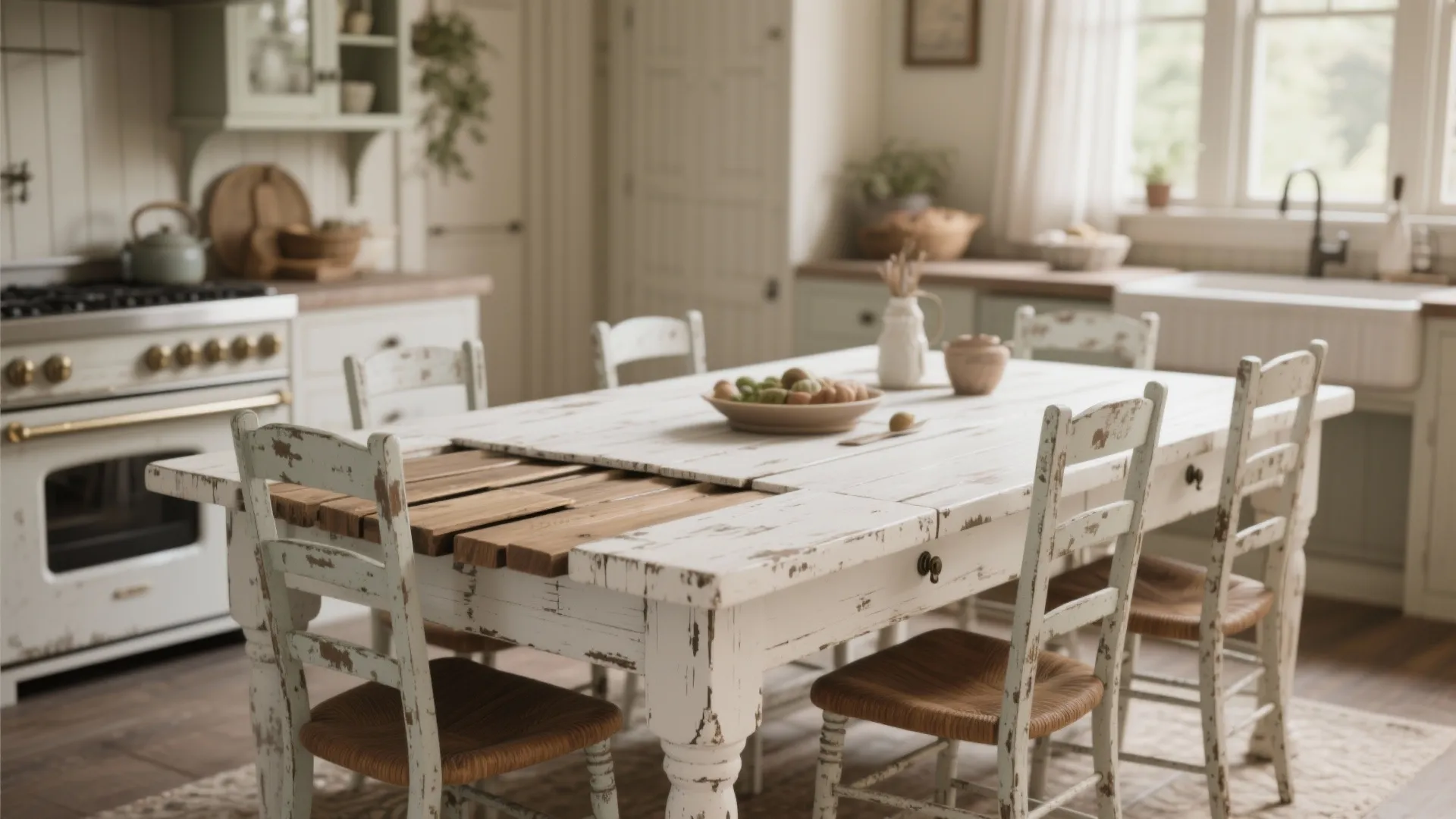 Distressed white wooden dining table with chairs in a rustic kitchen setting with natural light