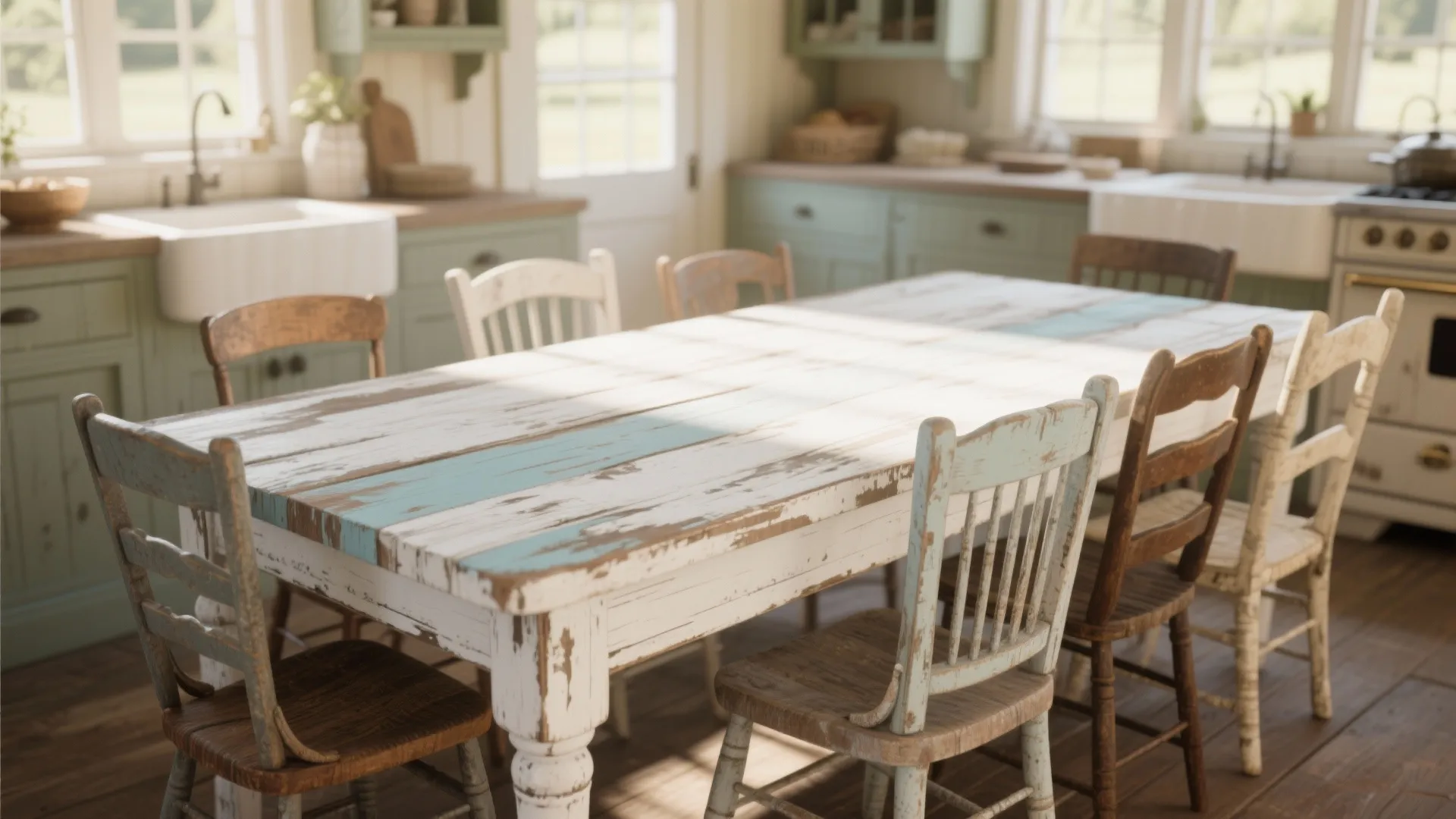 Rustic distressed farmhouse dining table with mismatched chairs