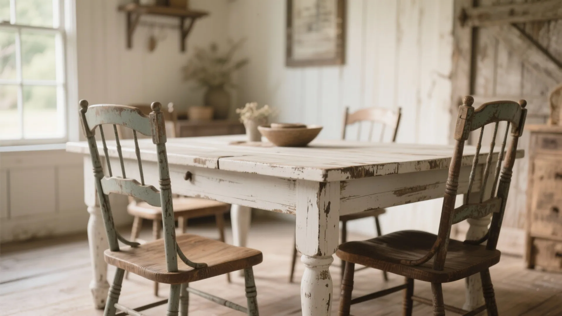 Rustic farmhouse dining table with distressed white paint and vintage wooden chairs in sunlit room