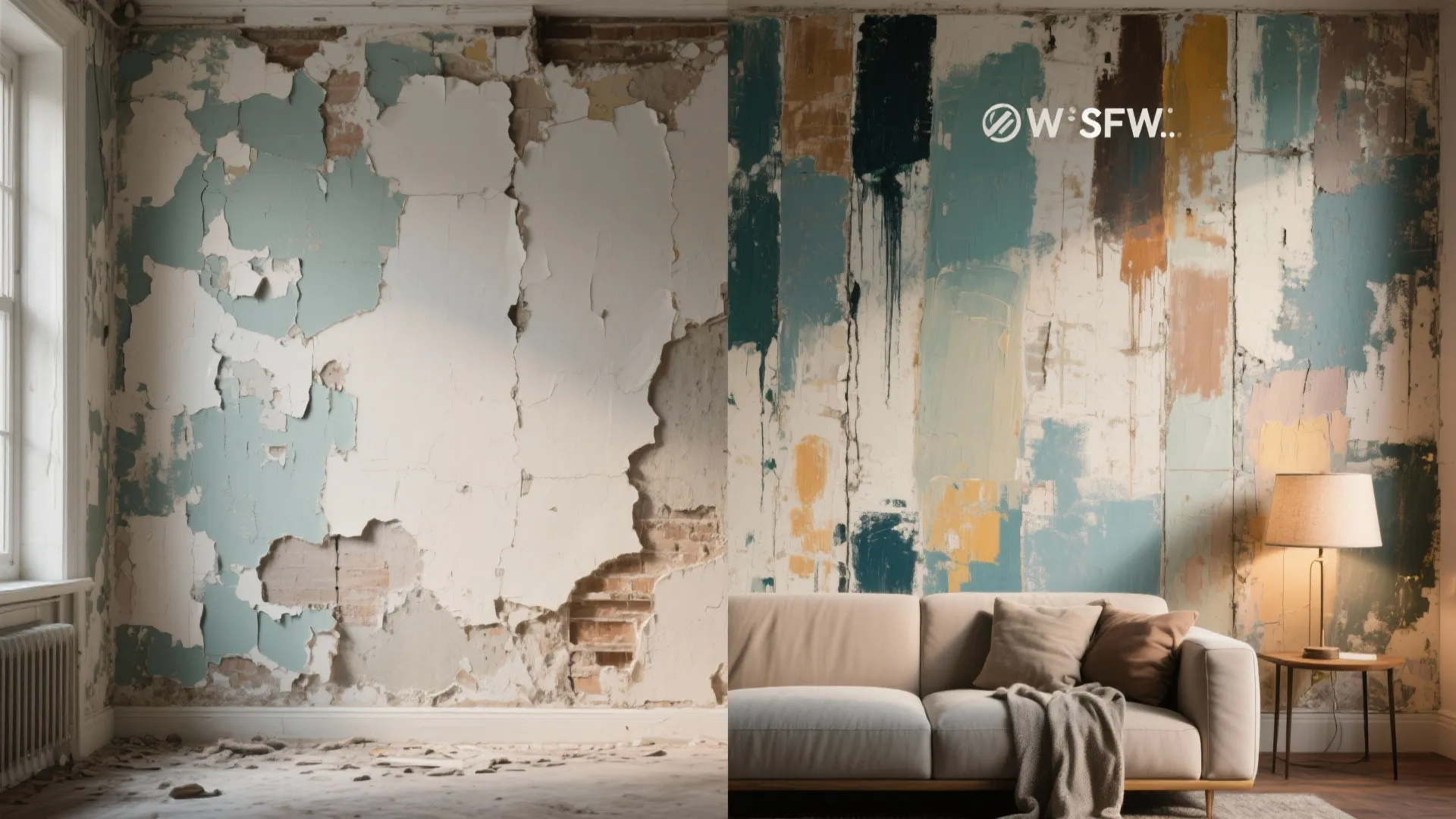 Before and after comparison of peeling old wall next to modern living room with colourful wallpaper