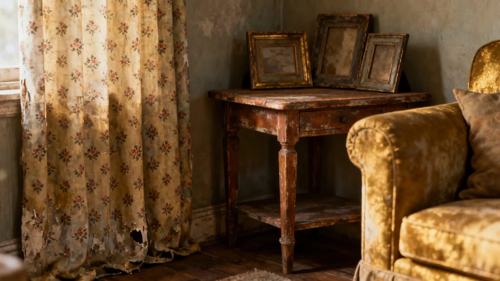 Compact living room corner with muted distressed floral drapes and vintage accents.