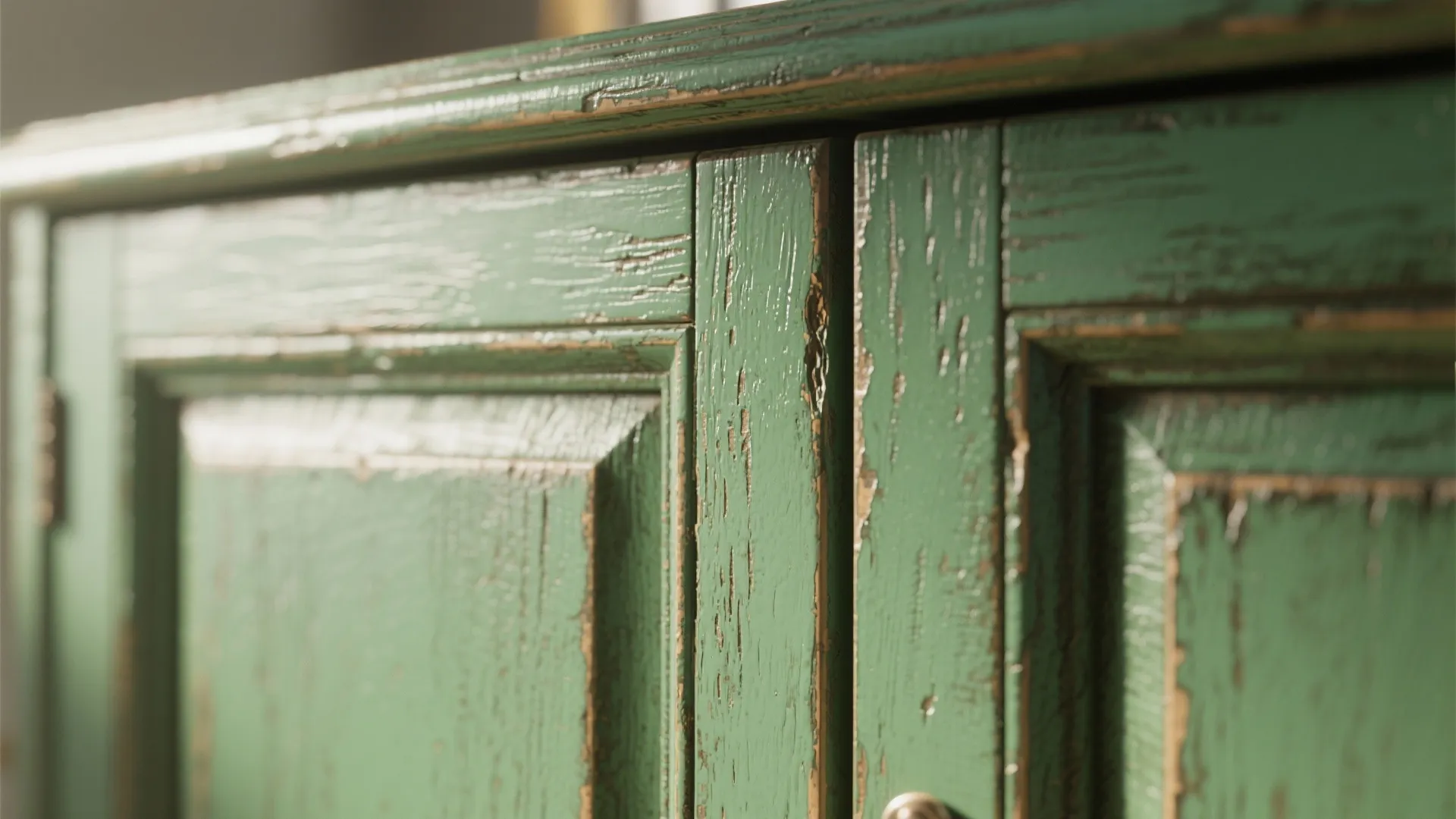 4. Distressed Green Finish for Rustic Character