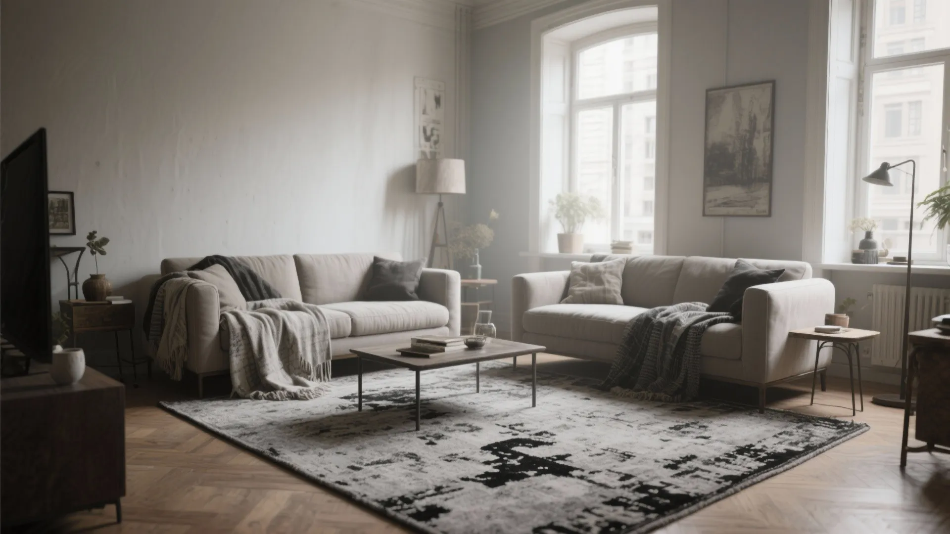 5. Use a distressed grey rug with black accents for character