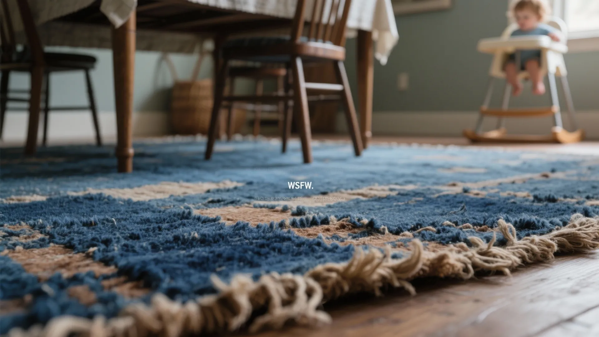 Close up view of blue and brown textured rug under wooden table and dining chairs
