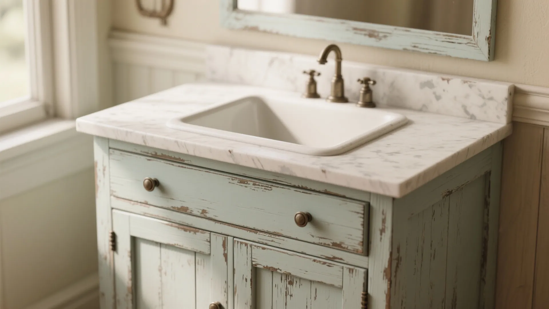 Distressed painted cabinet vanity with integrated sink and subtle sacrificial lip in a small bathroom.