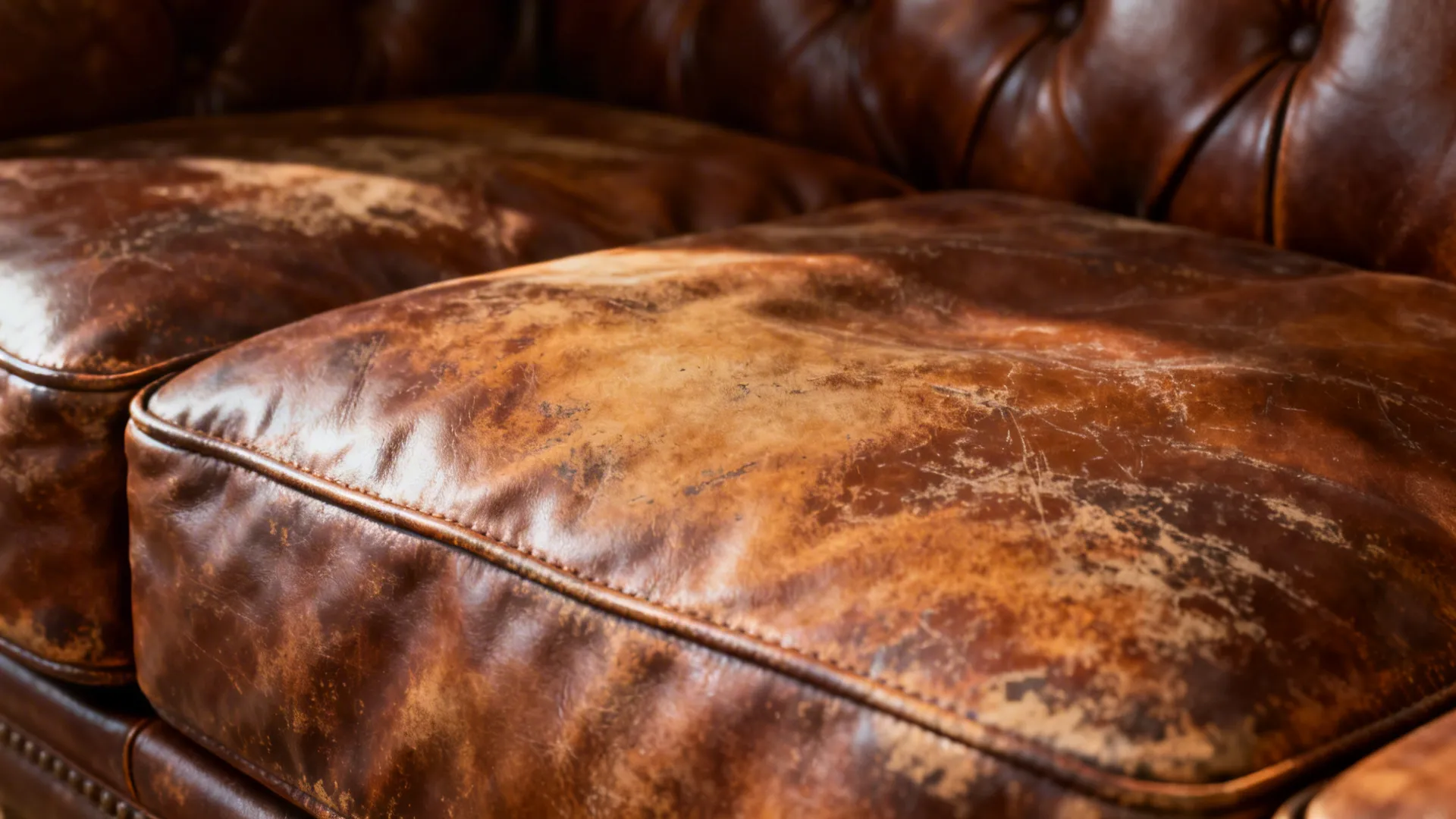 Macro view of distressed leather showing patina, creases, and scuffs on a well-loved sofa.