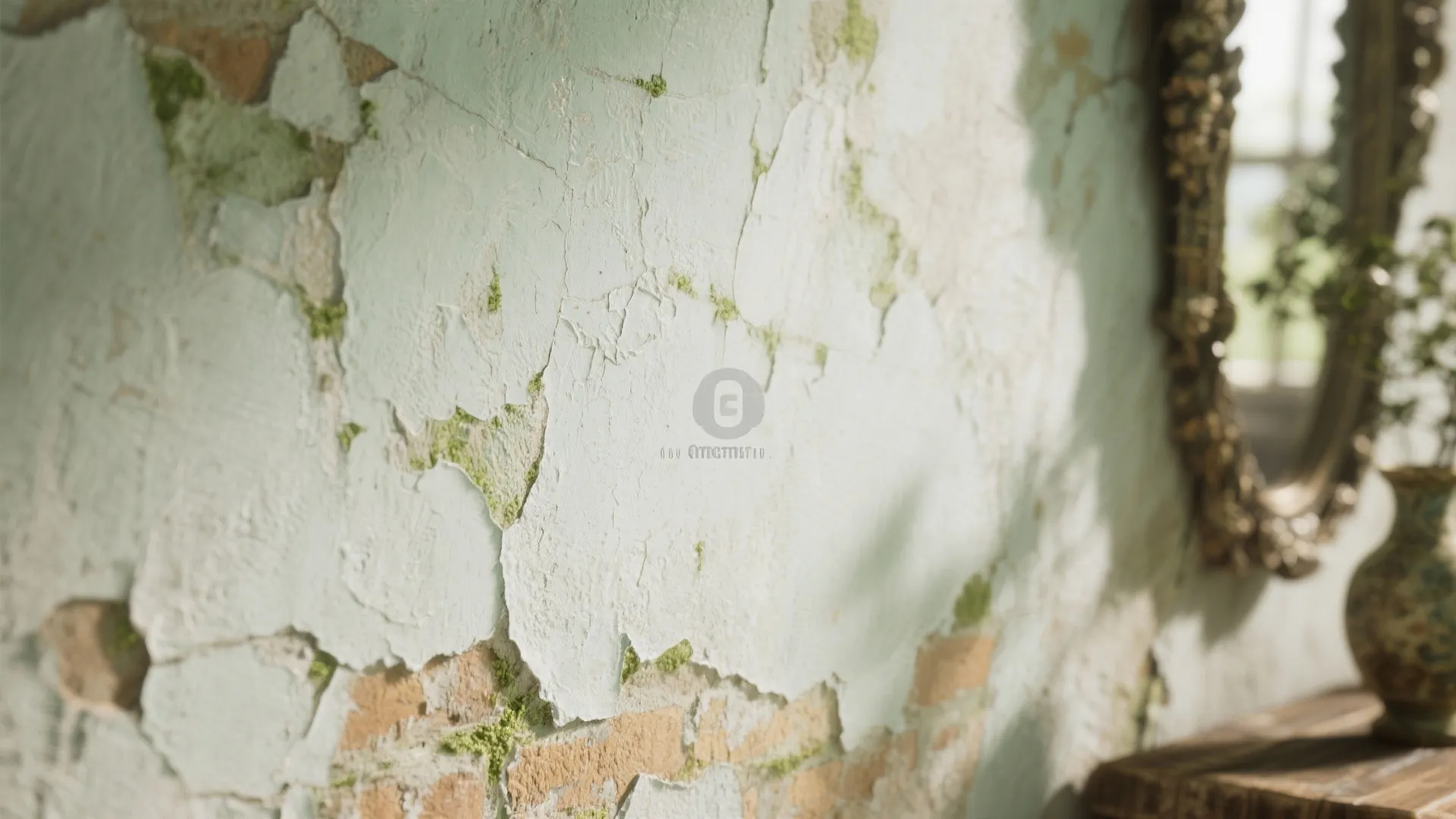 Close up view of distressed light green wall with peeling paint showing brick and moss