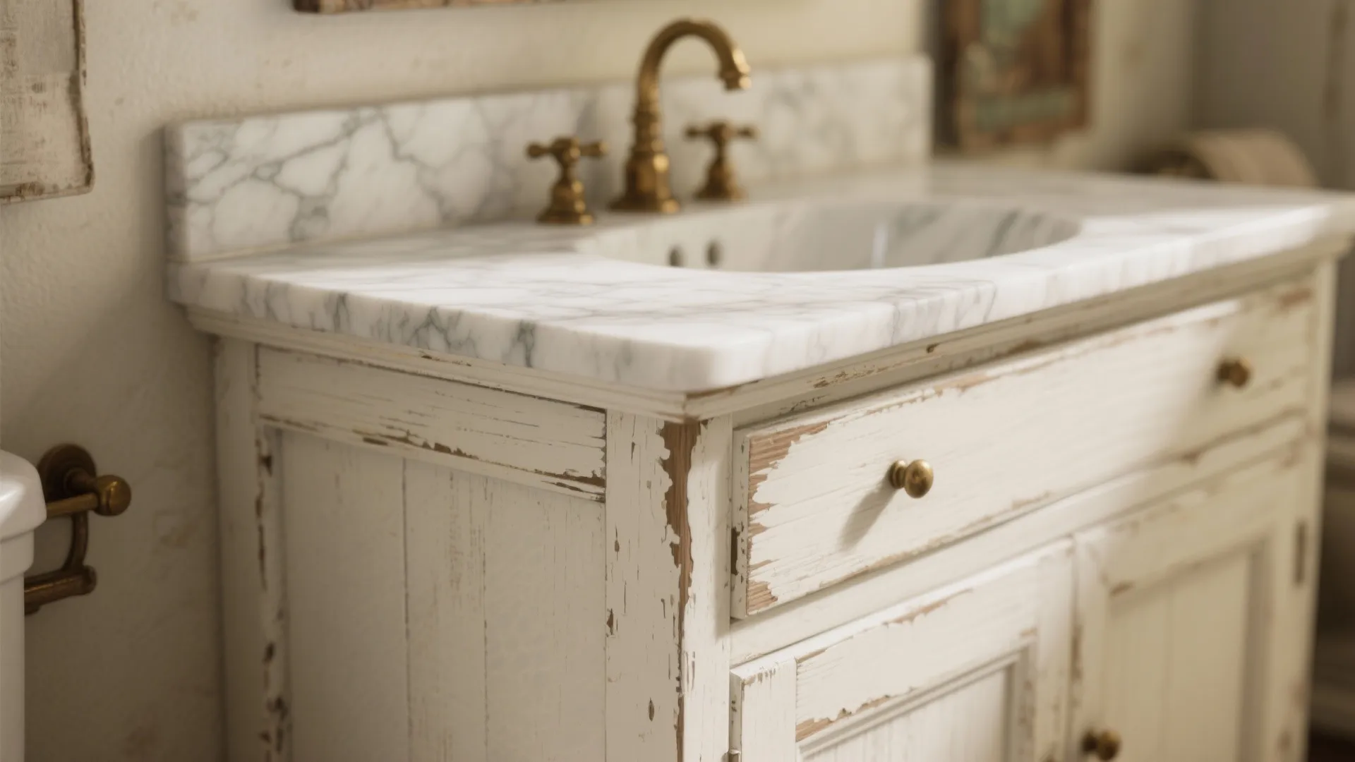 3. Distressed Finish with Marble Countertop
