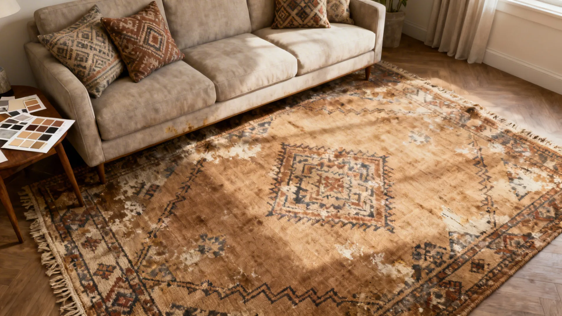 Faded distressed Moroccan-style light brown rug beneath a neutral sofa and pillows.