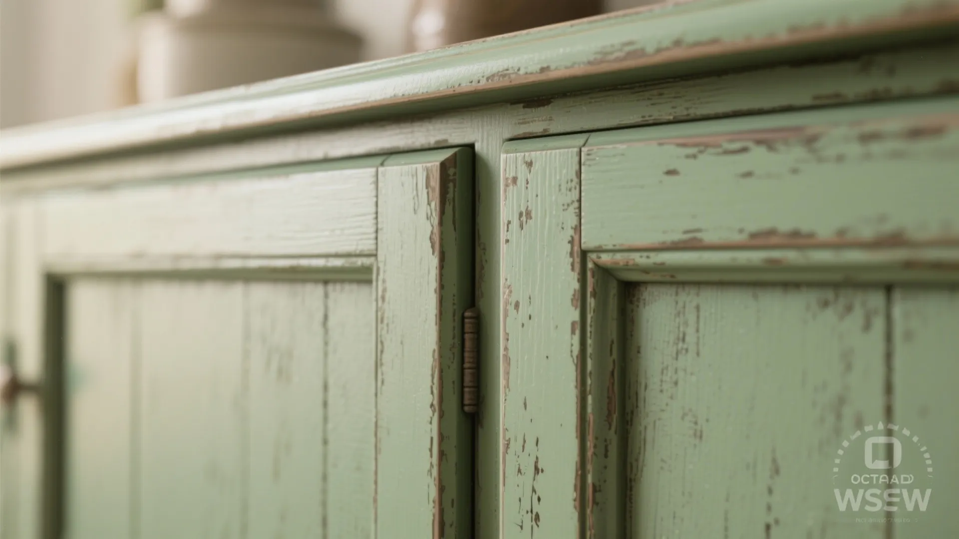 Subtle distressed olive-green cabinet finish with worn edges and matte texture.