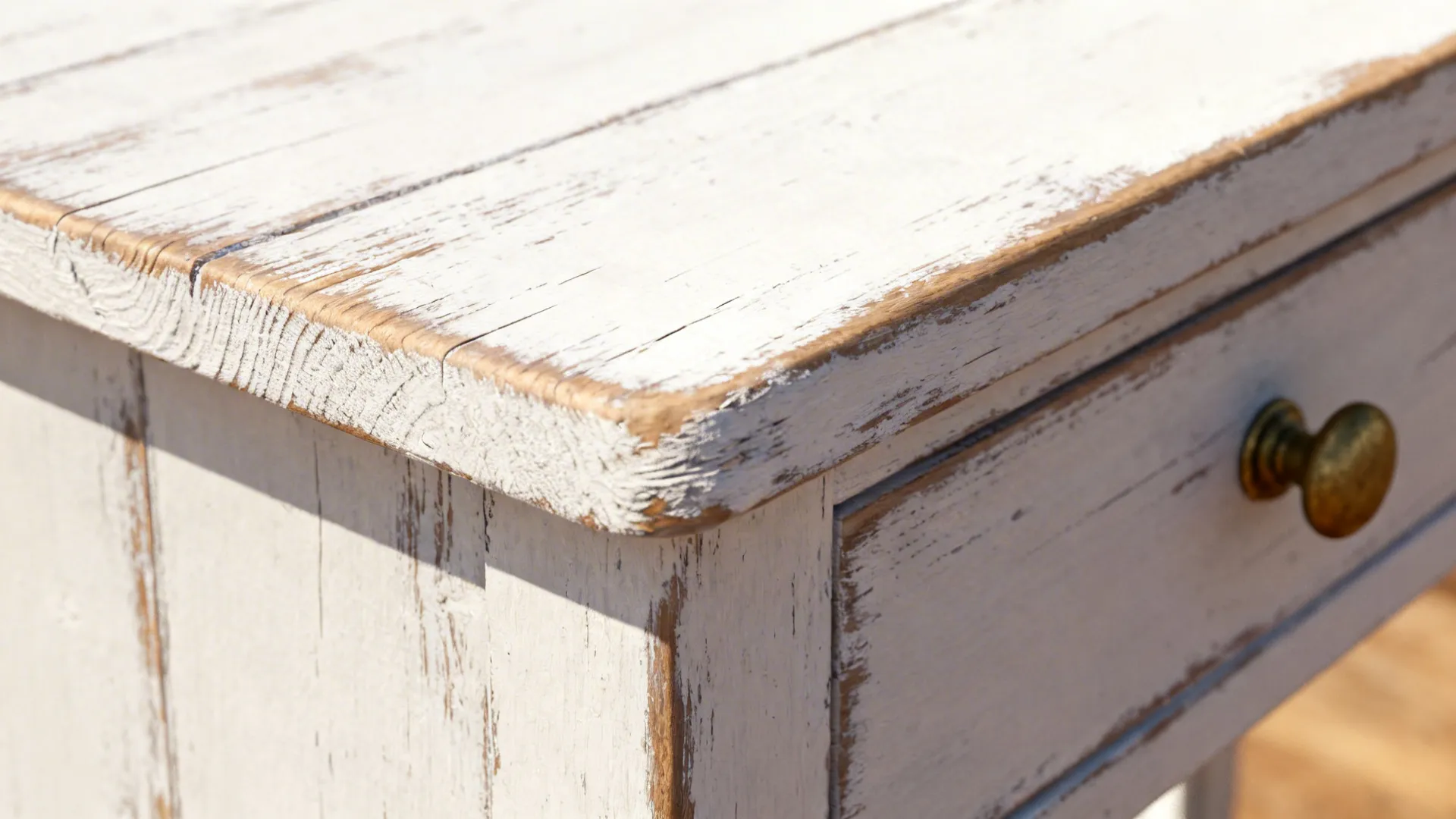 Close-up of distressed painted wood edge with natural sanding and paint wear