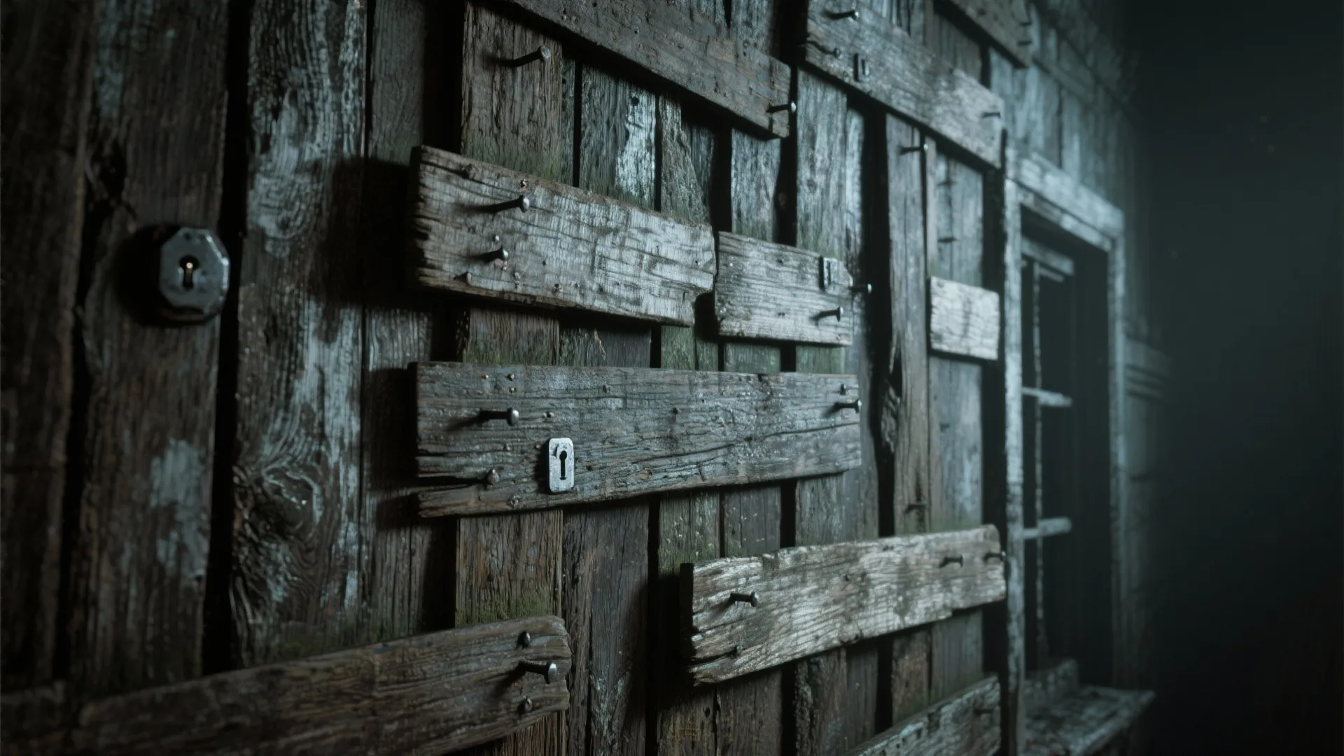 Old weathered wood planks nailed together to create a dark rustic wall with small metal locks