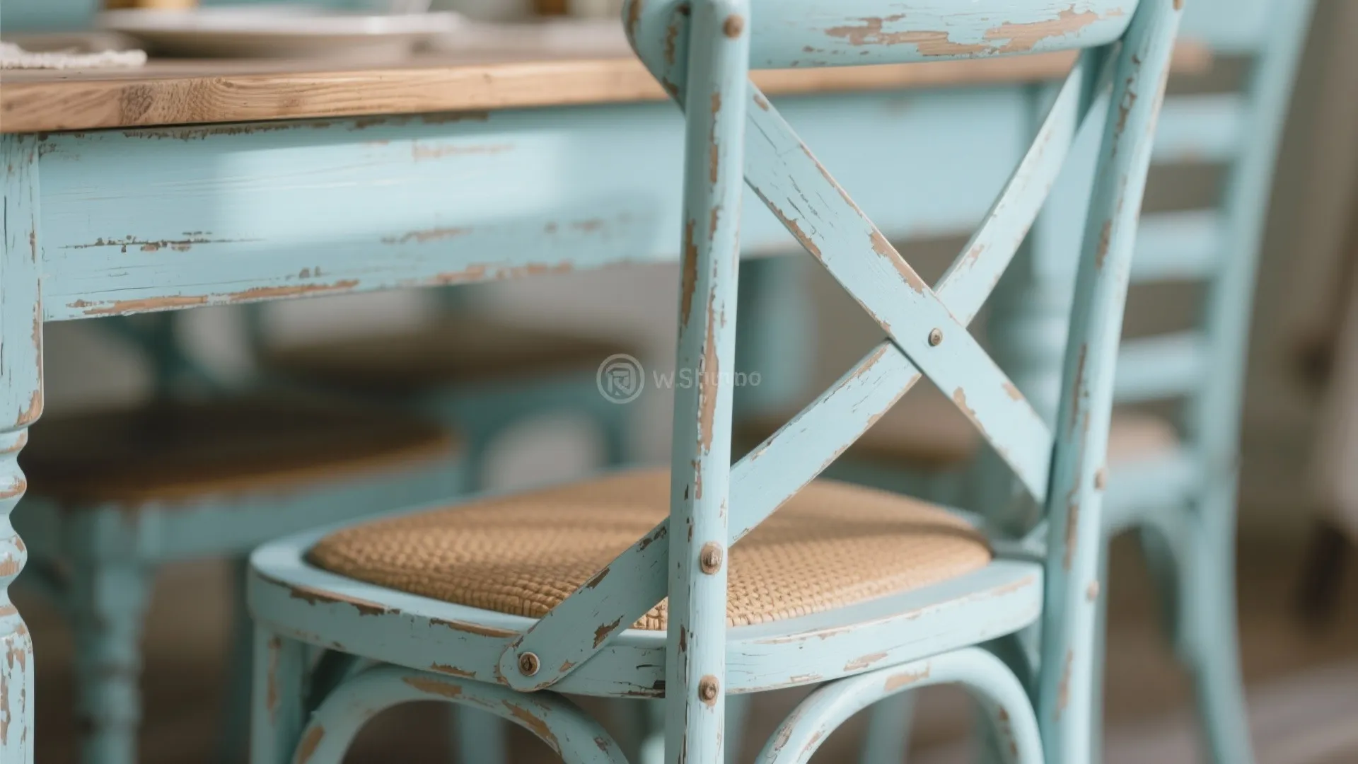 Distressed pastel-painted chair with vintage charm