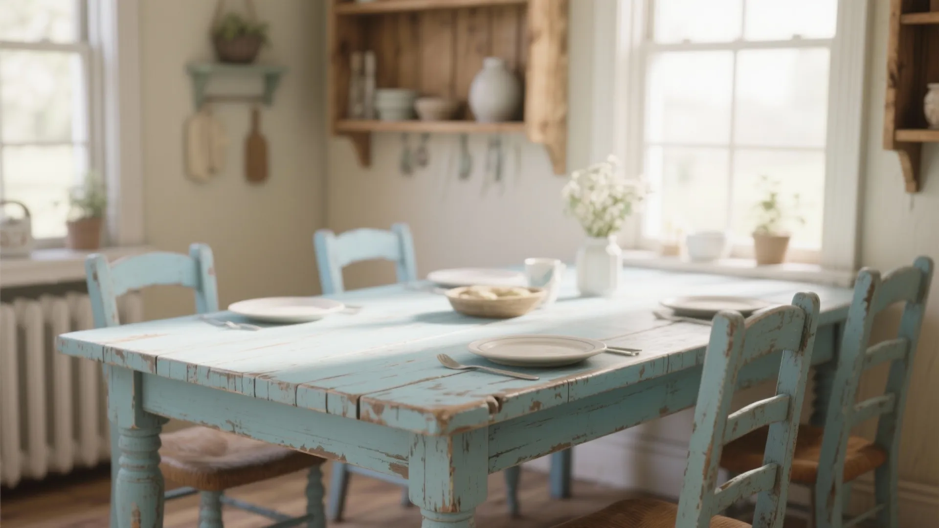Rustic kitchen with a distressed blue wood table and matching chairs near a bright window
