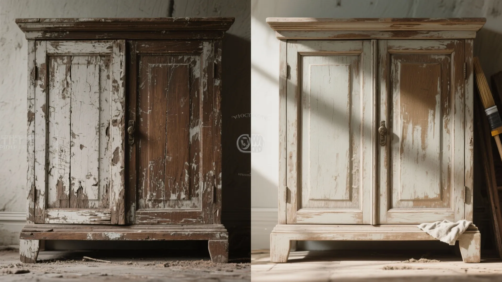 Before and after comparison of an old worn wooden cabinet being restored with light paint