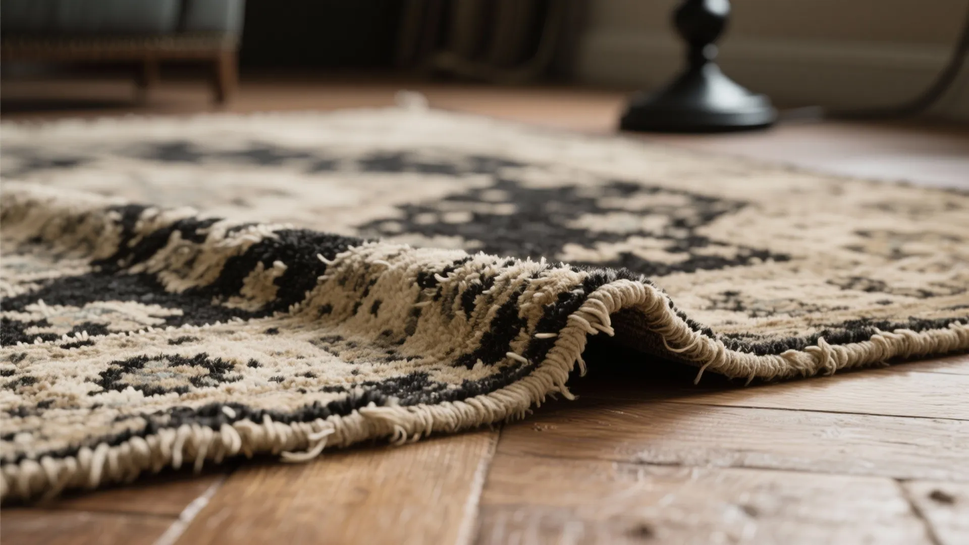 4. Choose a faded or distressed black-and-beige rug for a vintage vibe