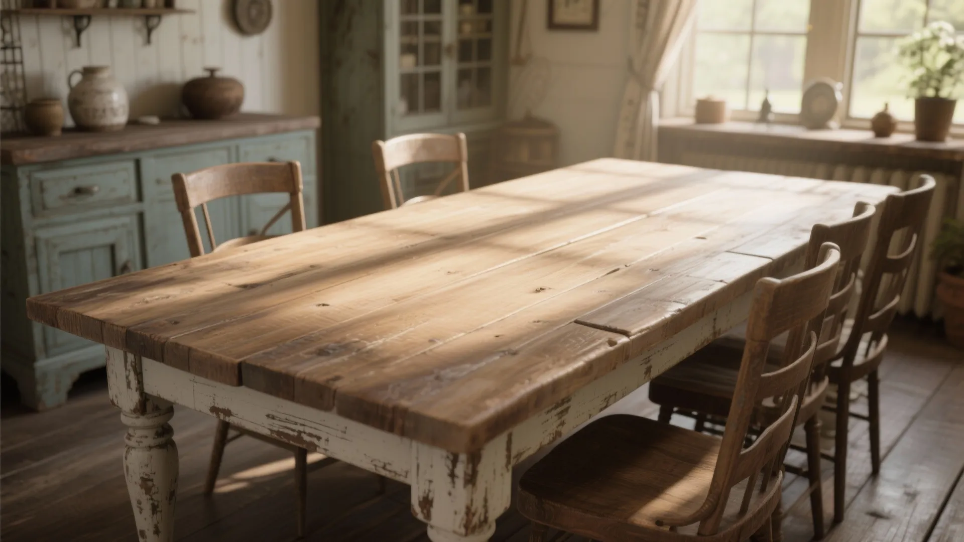 Farmhouse dining table with distressed finish in rustic room