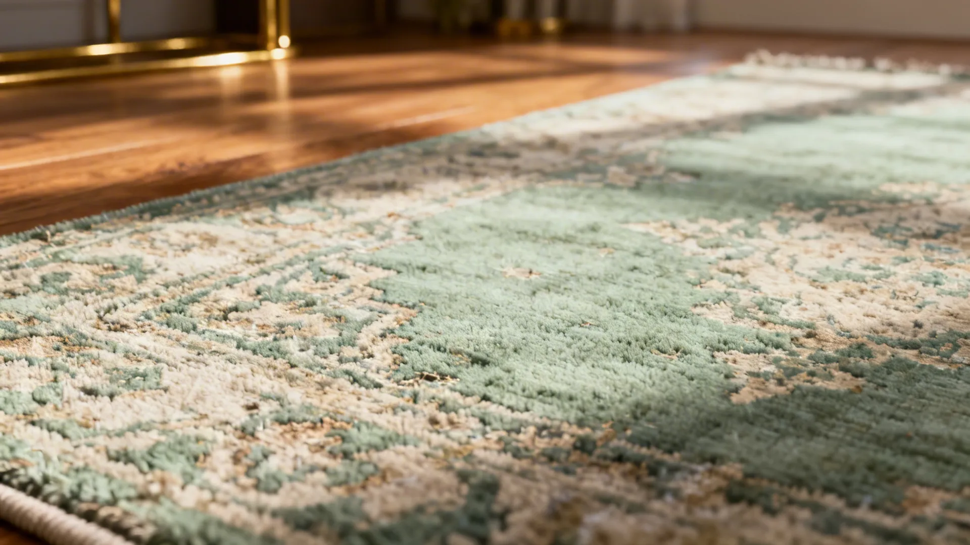 Close up view of a green rug with a faded pattern on a wooden floor