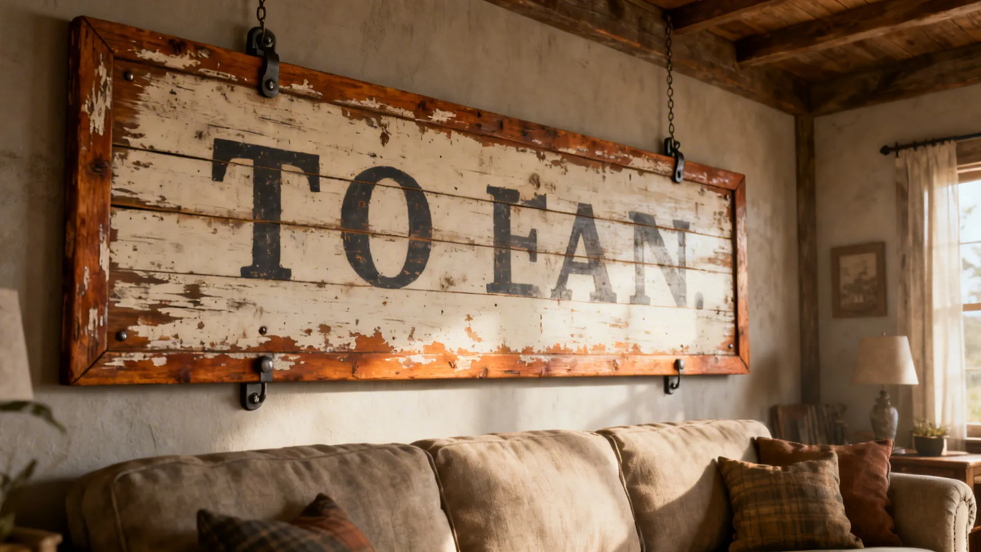 Close-up of an oversized distressed wood sign with visible grain and simple lettering above a sofa