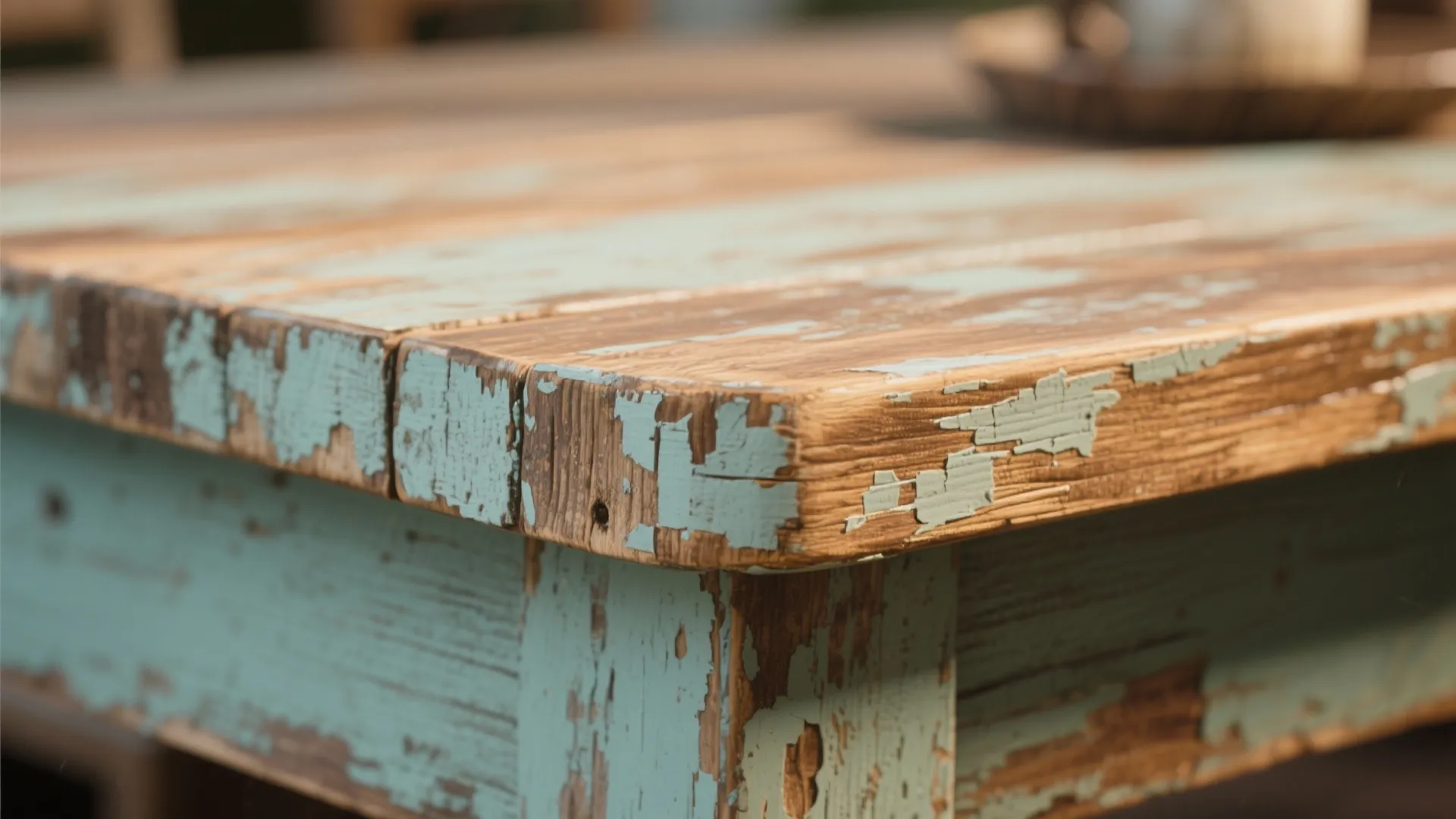 Close-up of a weathered wooden table edge with peeling light blue paint and rustic finish