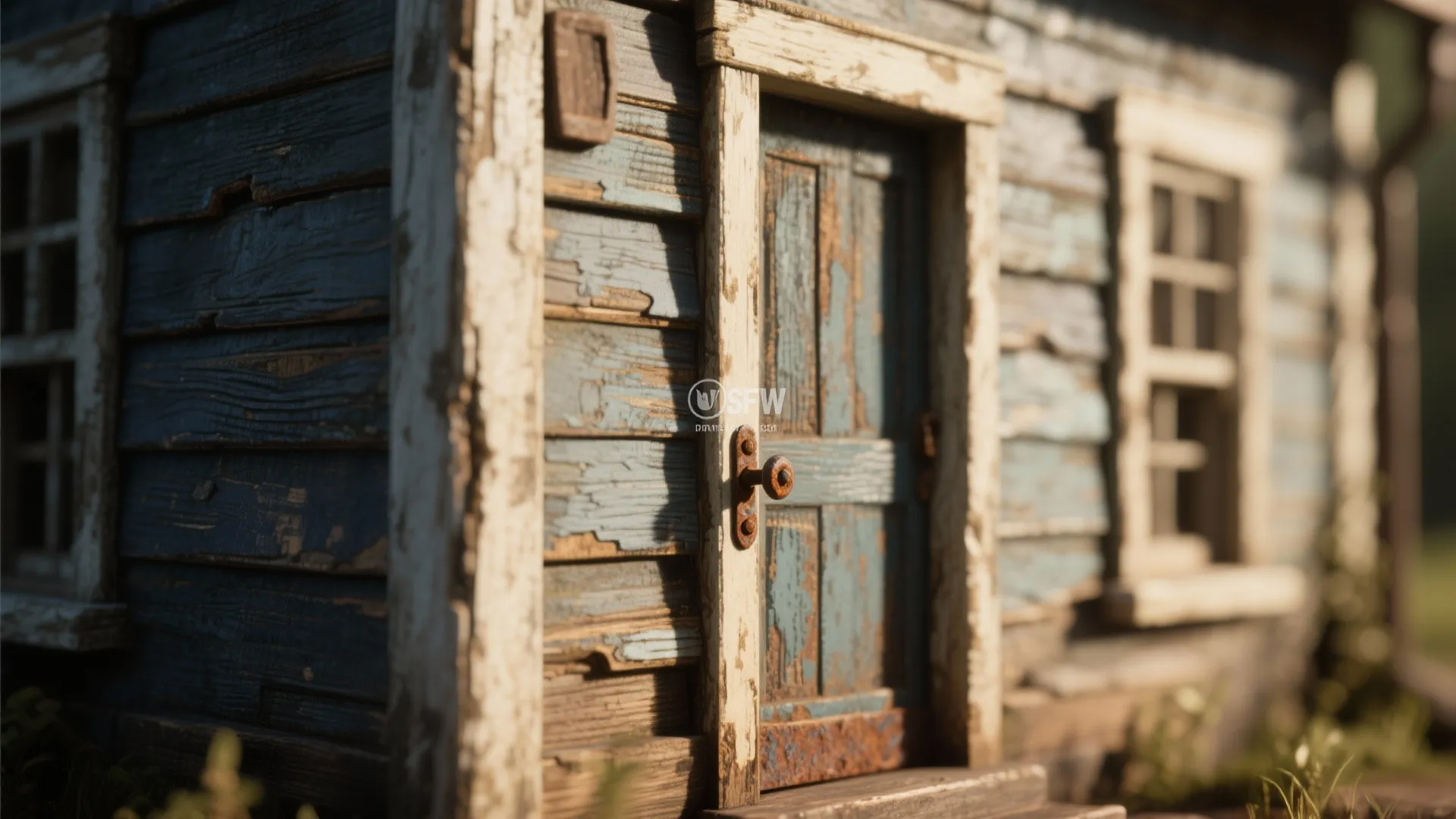 Old blue wooden house with peeling paint on door and small windows in a close view