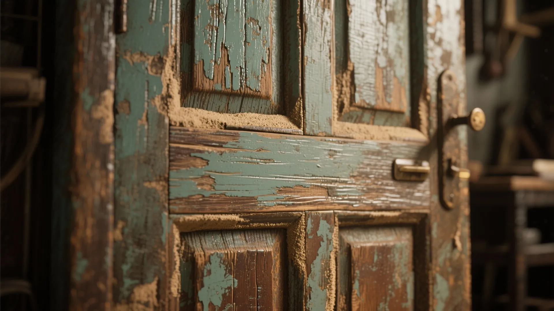 Close up of an old wooden door with peeling green paint and a metal handle