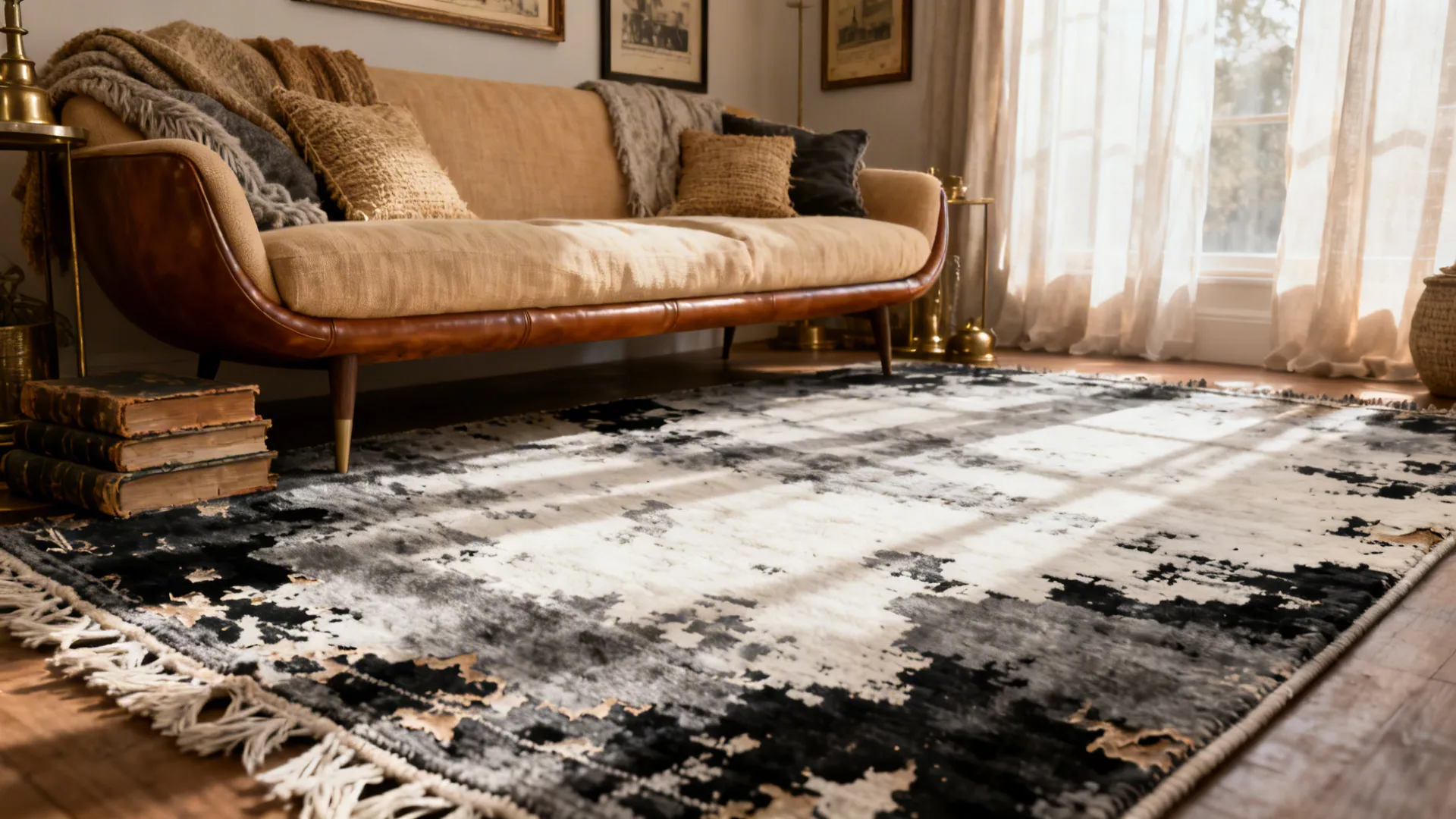 Contemporary living room with a monochrome distressed rug adding aged character.