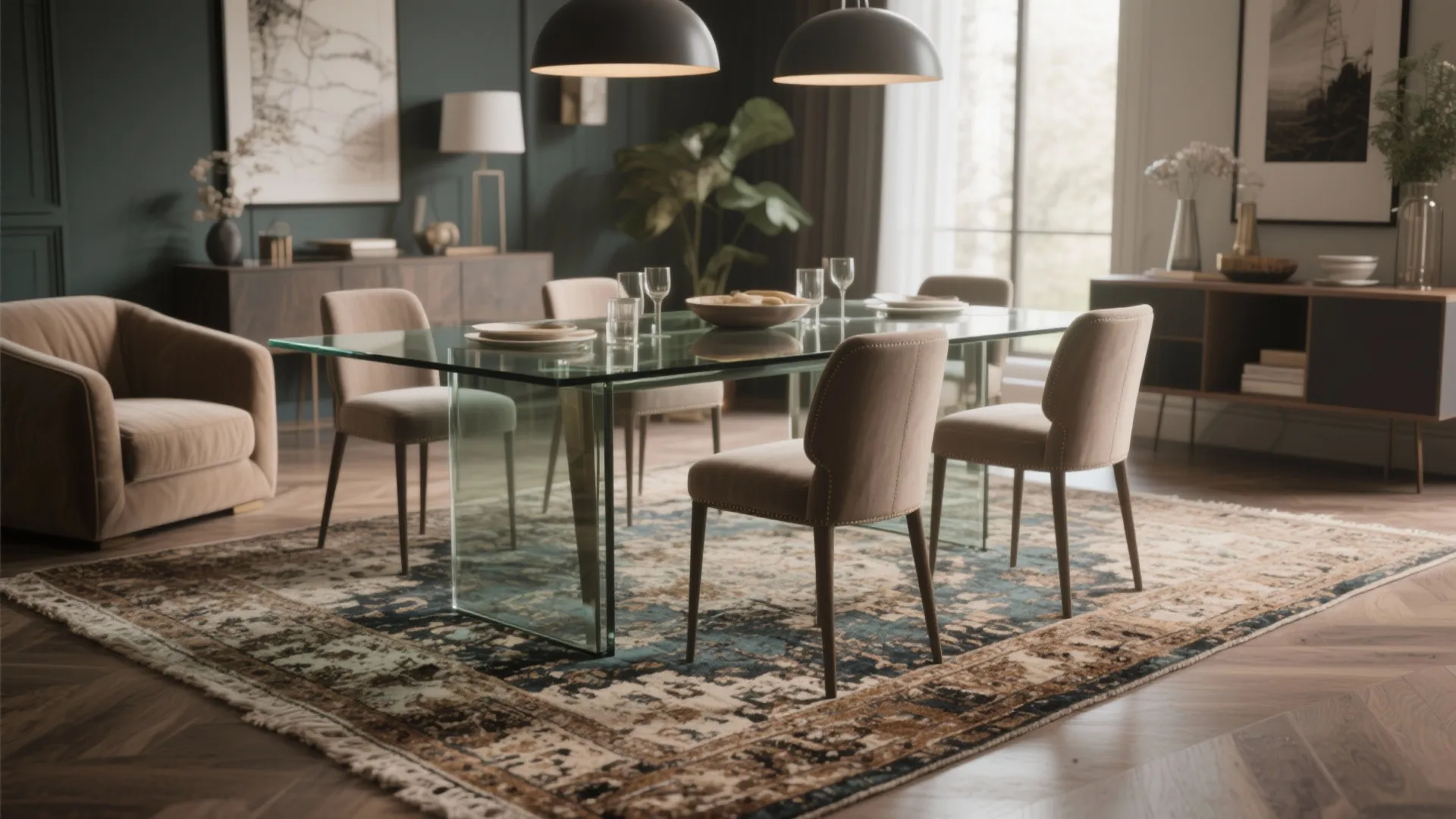 Large vintage style area rug under a glass dining table in a modern decorated room