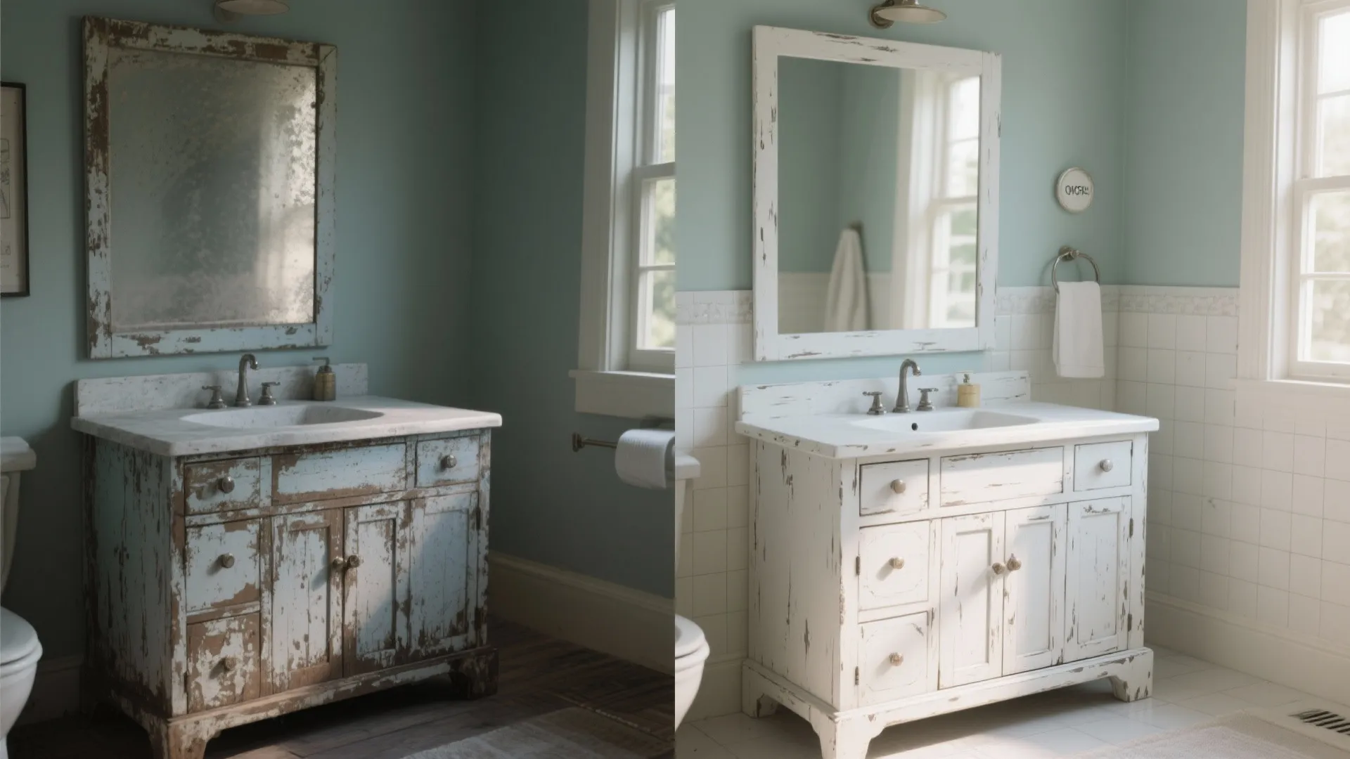 Before and after comparison of an old distressed blue cabinet versus a clean white cabinet