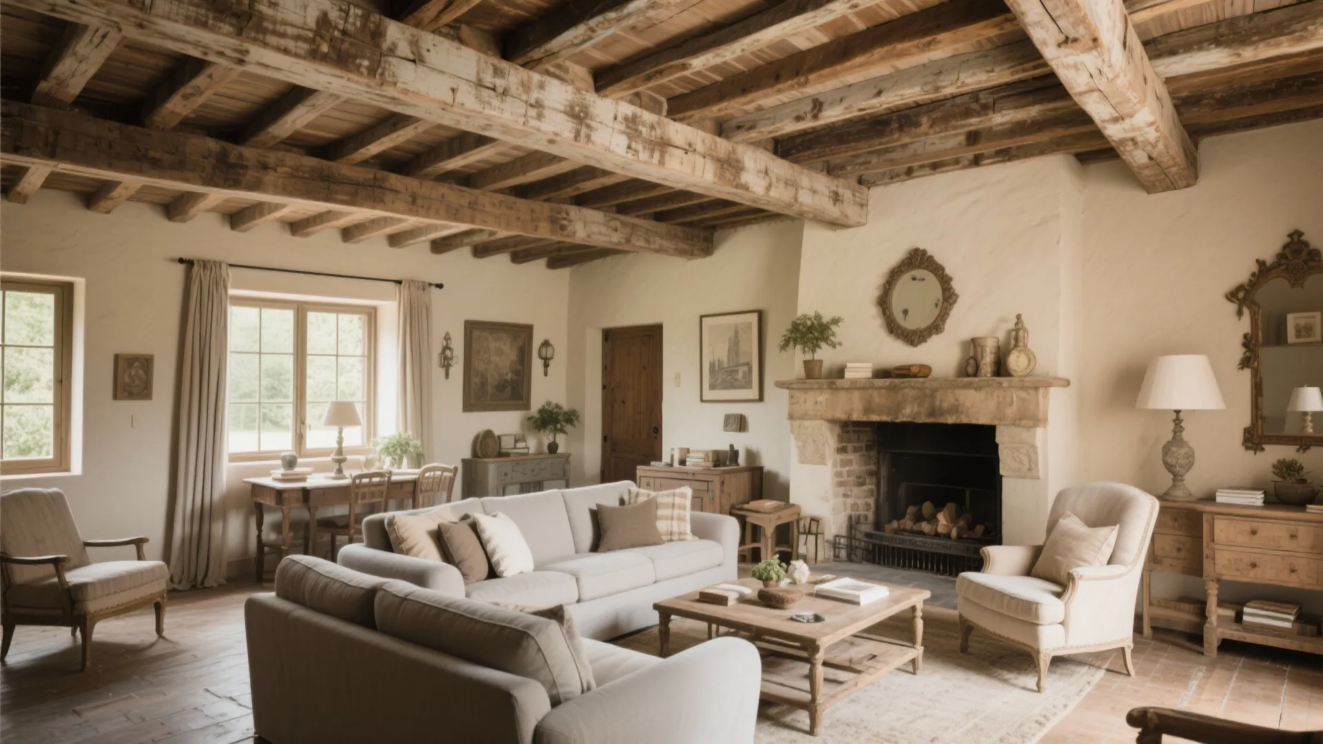 Living room with rustic reclaimed wood beams and cozy French decor