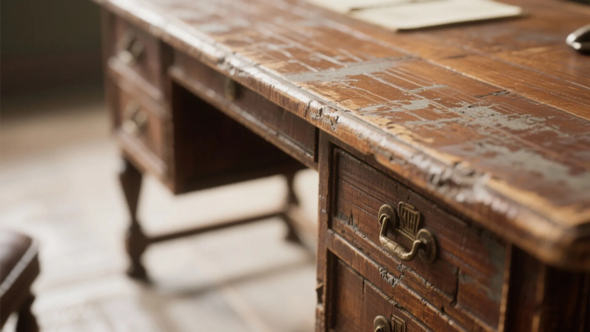 Close up of old wooden desk showing a worn surface and small metal drawer pulls