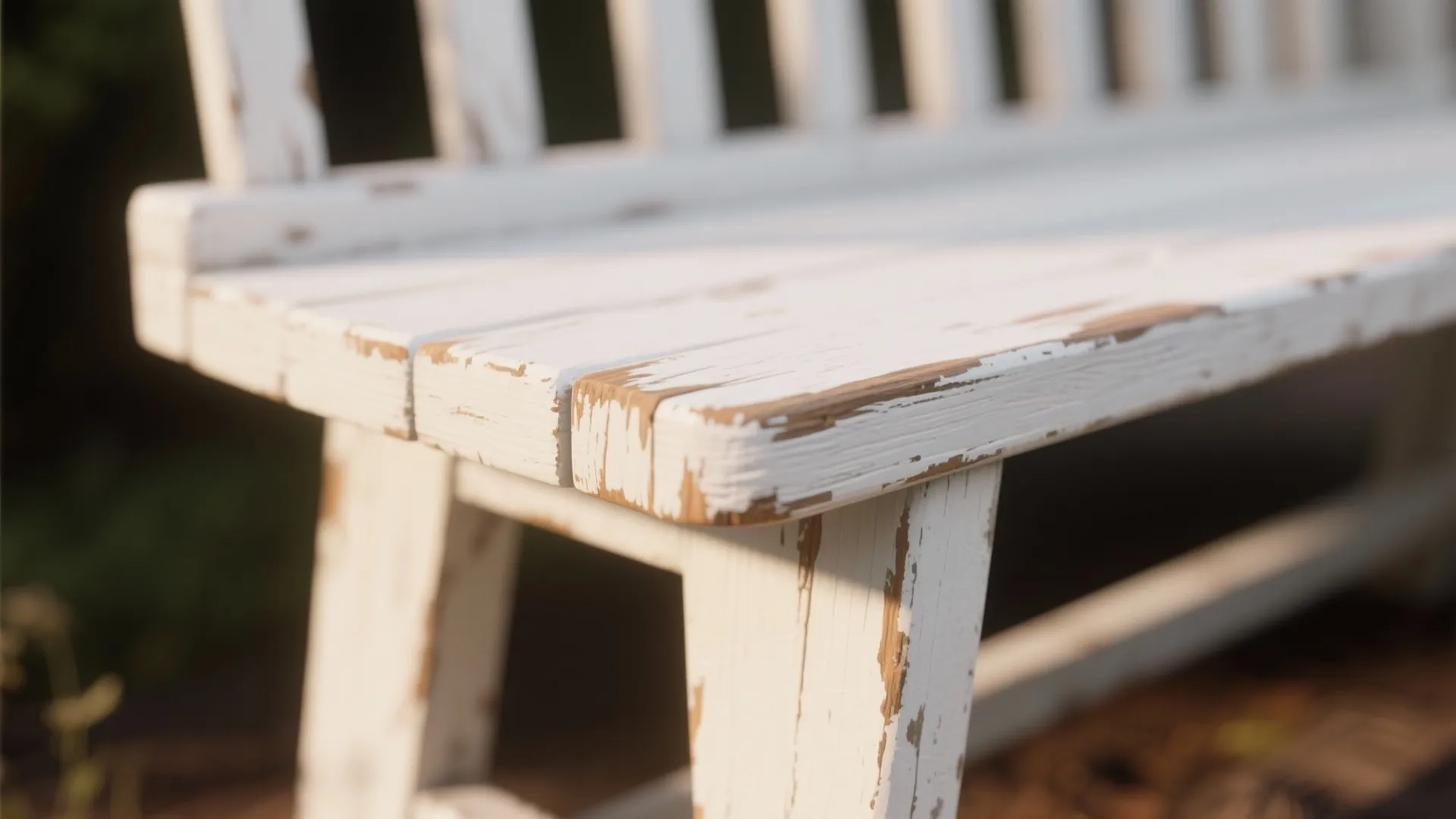 Close up of white wooden bench with peeling paint showing natural wood texture underneath outdoors