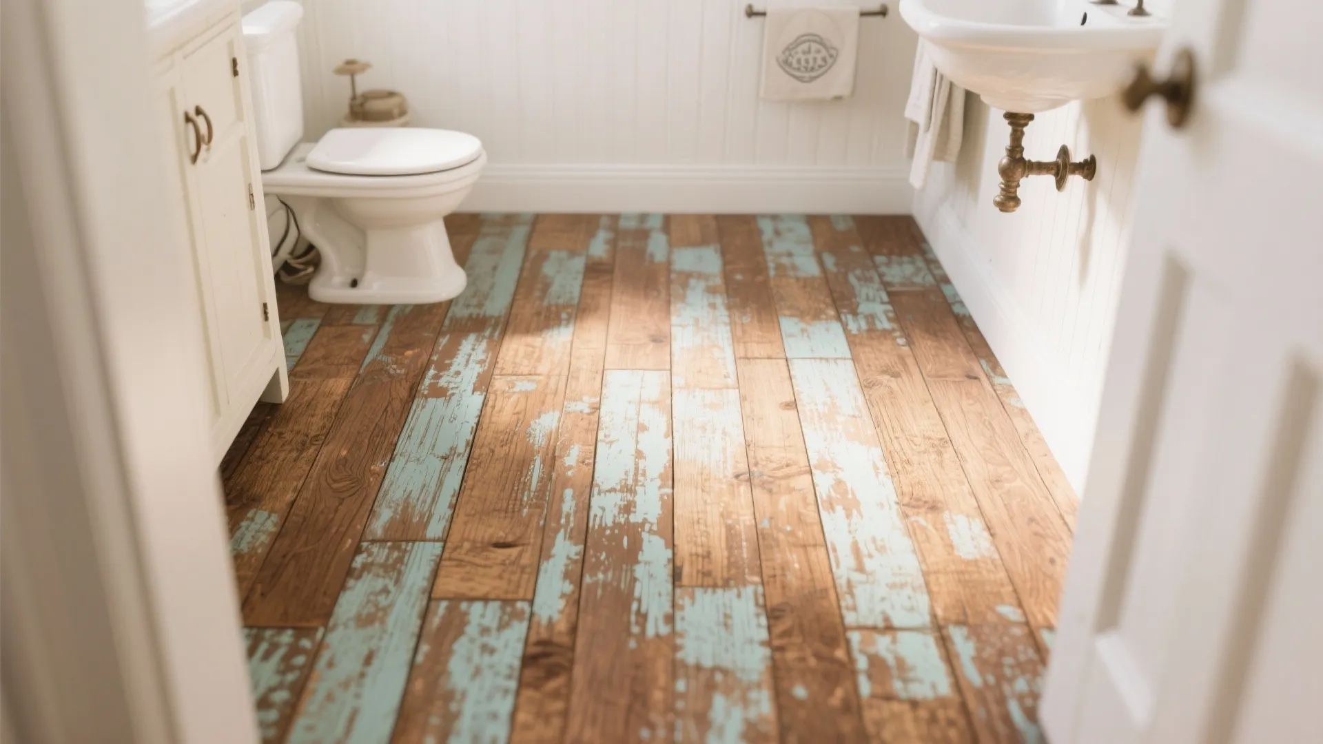 Small bathroom with white toilet and cabinet featuring rustic distressed wood flooring with blue paint