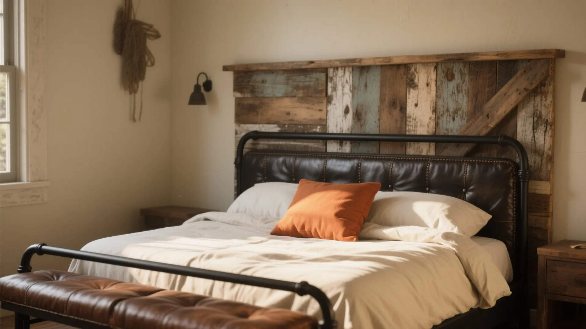 Reclaimed wood headboard and waxed leather bench in a small cowgirl bedroom with cream linens and terracotta accents.