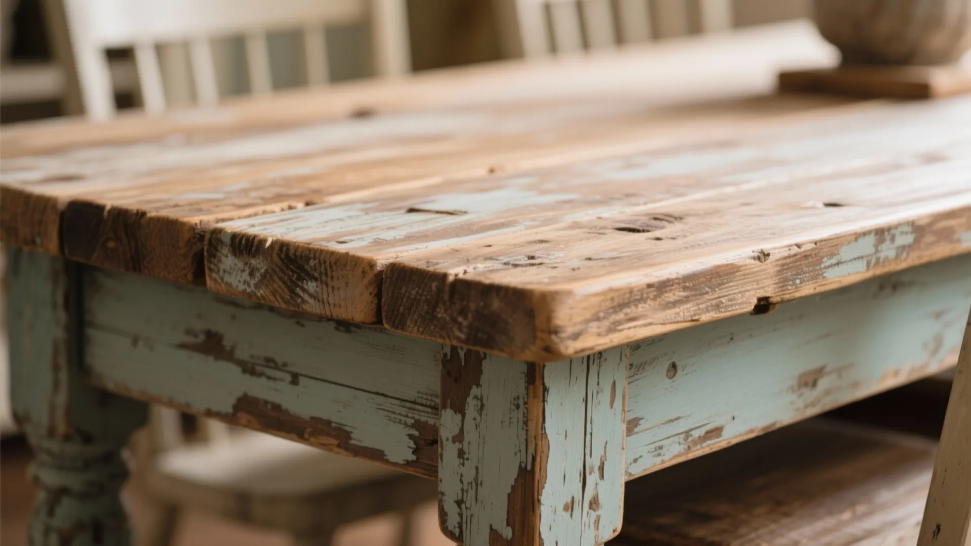 Close up of rustic dining table with natural wood texture and peeling light blue paint