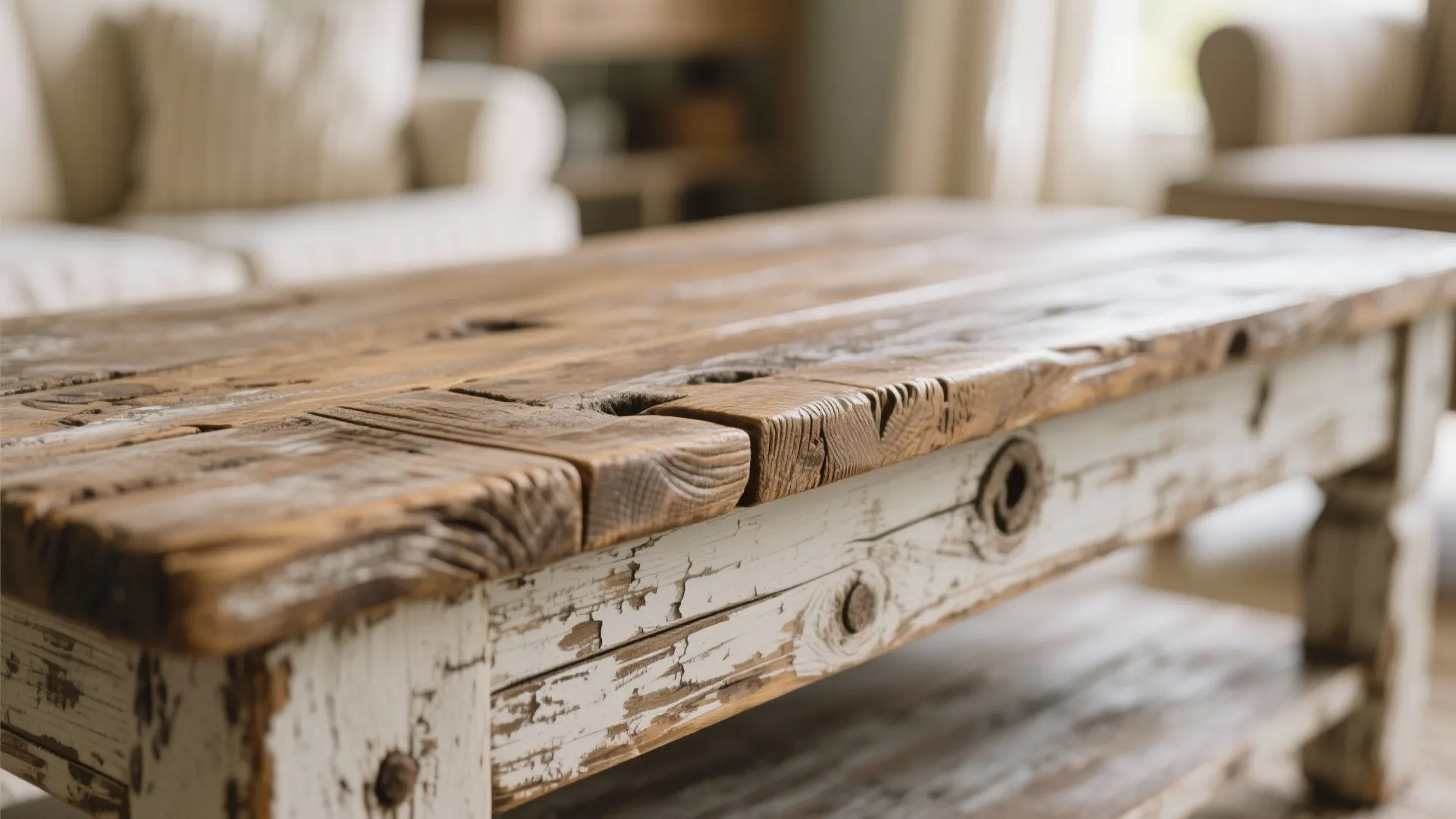 Rustic coffee table with reclaimed wood top and white painted base in bright living room setting