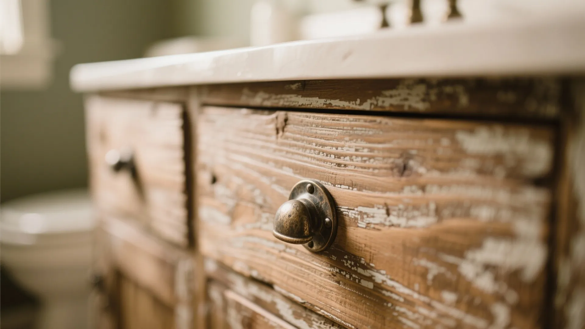 Vintage wooden bathroom cabinet with weathered texture and metal knobs featuring a white stone countertop