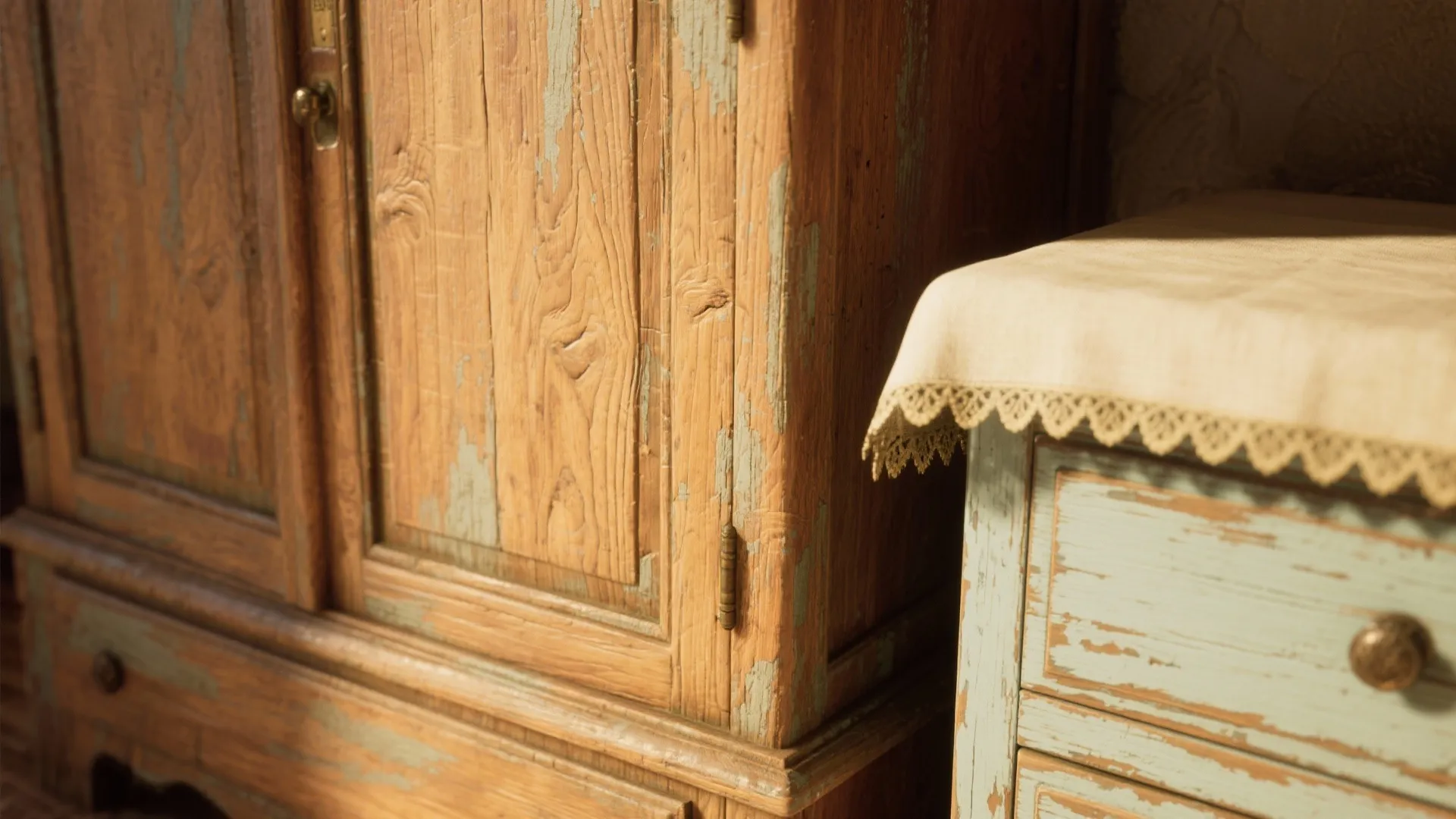 Close up of distressed wood cabinet and blue side table with a vintage lace cloth