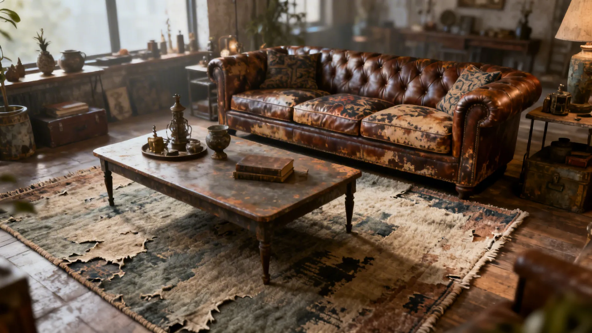 Rustic living room with a distressed low-pile wool rug and leather seating