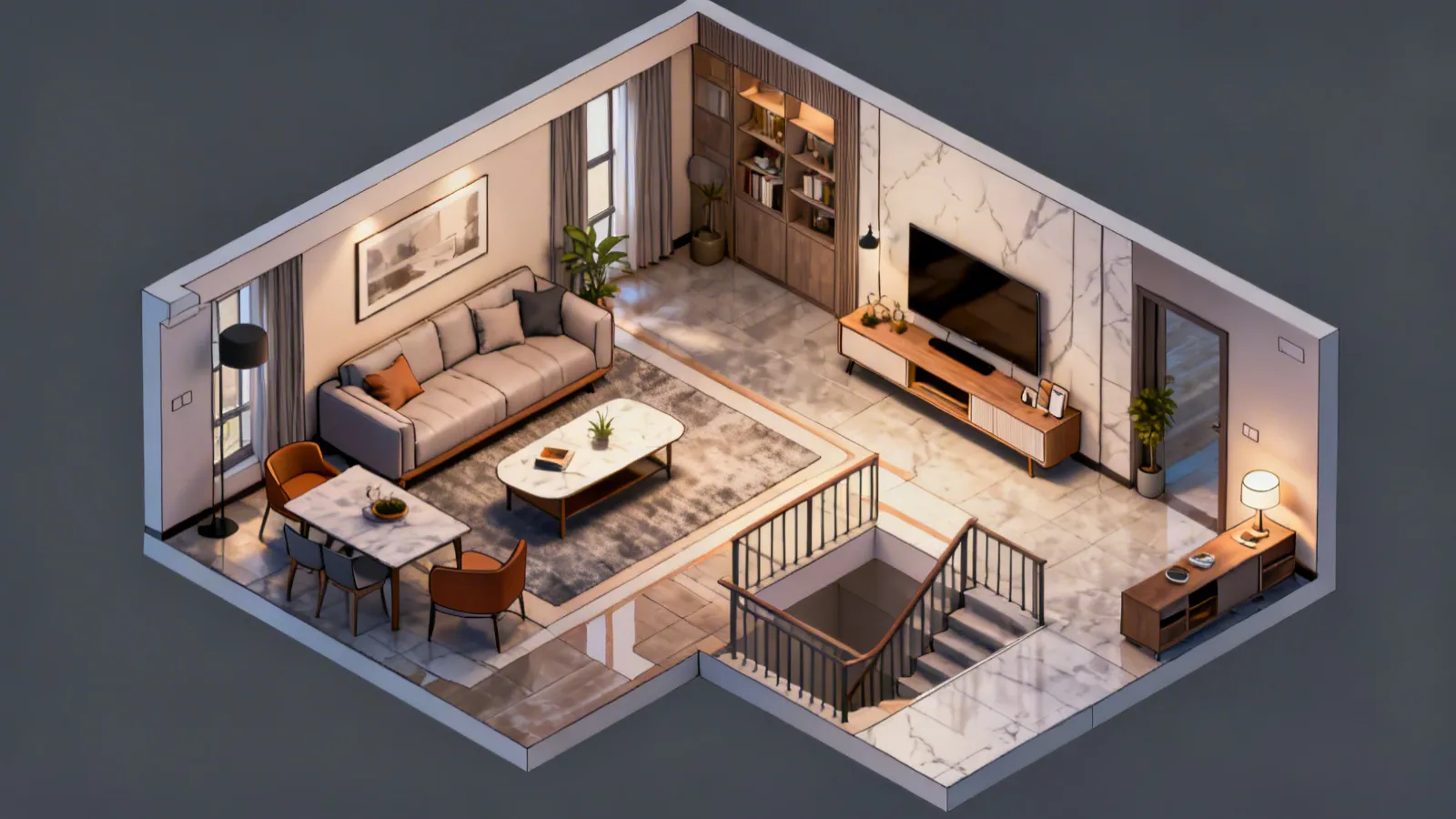 Plano de distribución de salón con muebles y medidas