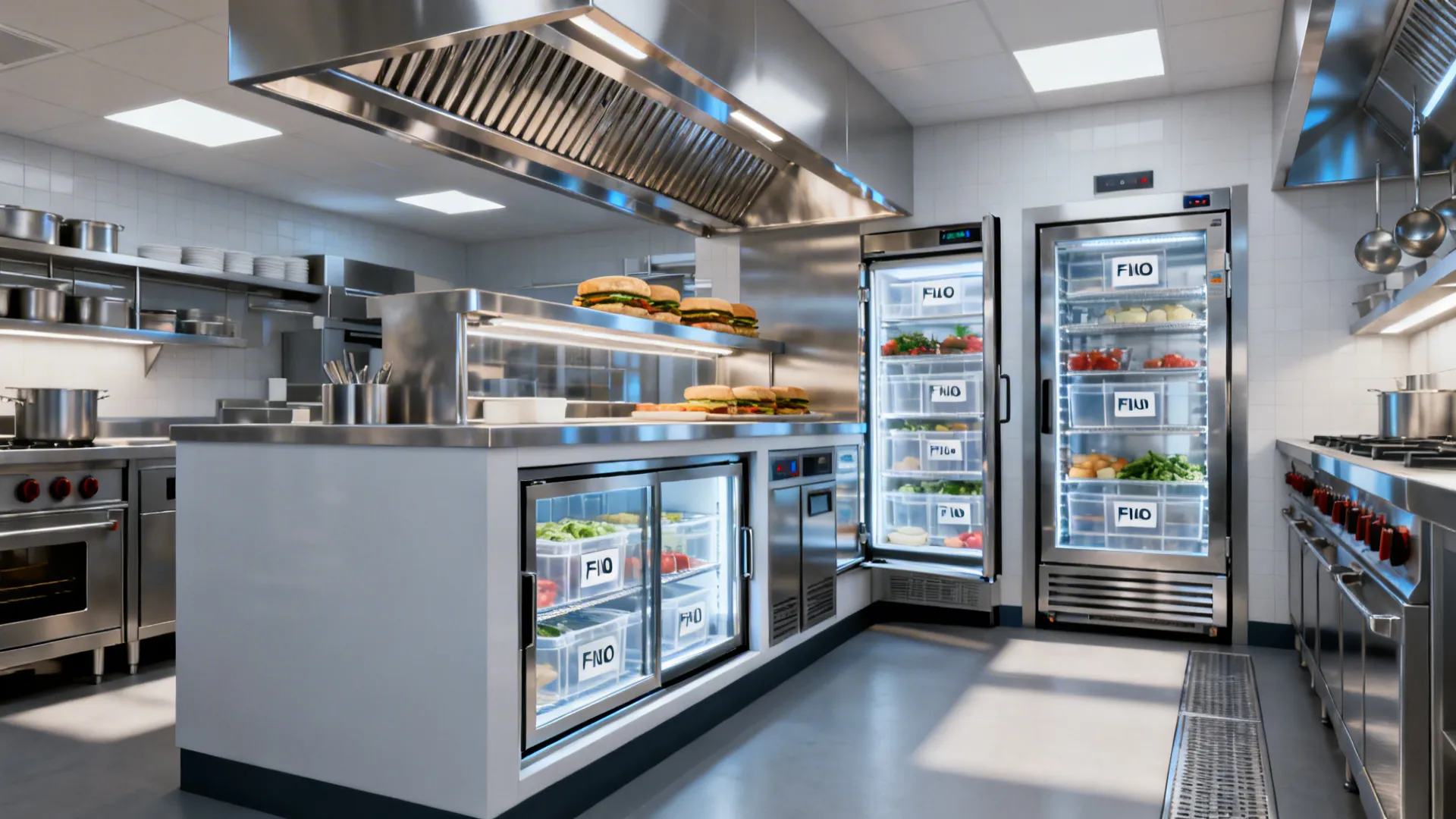 Distributed refrigeration with low-boy at pass, prep fridge, and a reach-in near receiving.