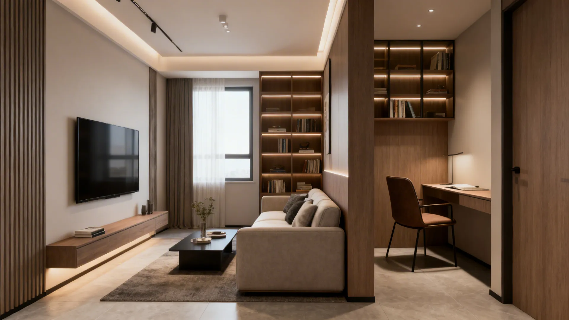Narrow living room divided into TV lounge and reading/work nook using a sofa-back divider and open shelving.