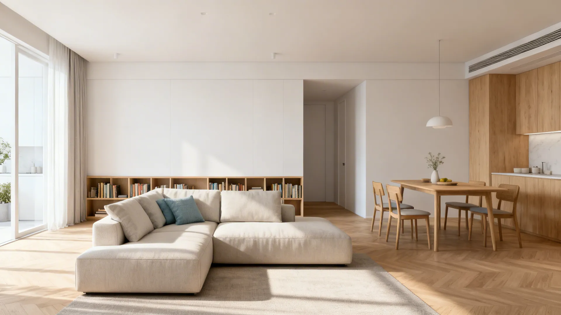 Open-plan space with an L-shaped sofa separating living and dining areas, with a low bookcase behind it.