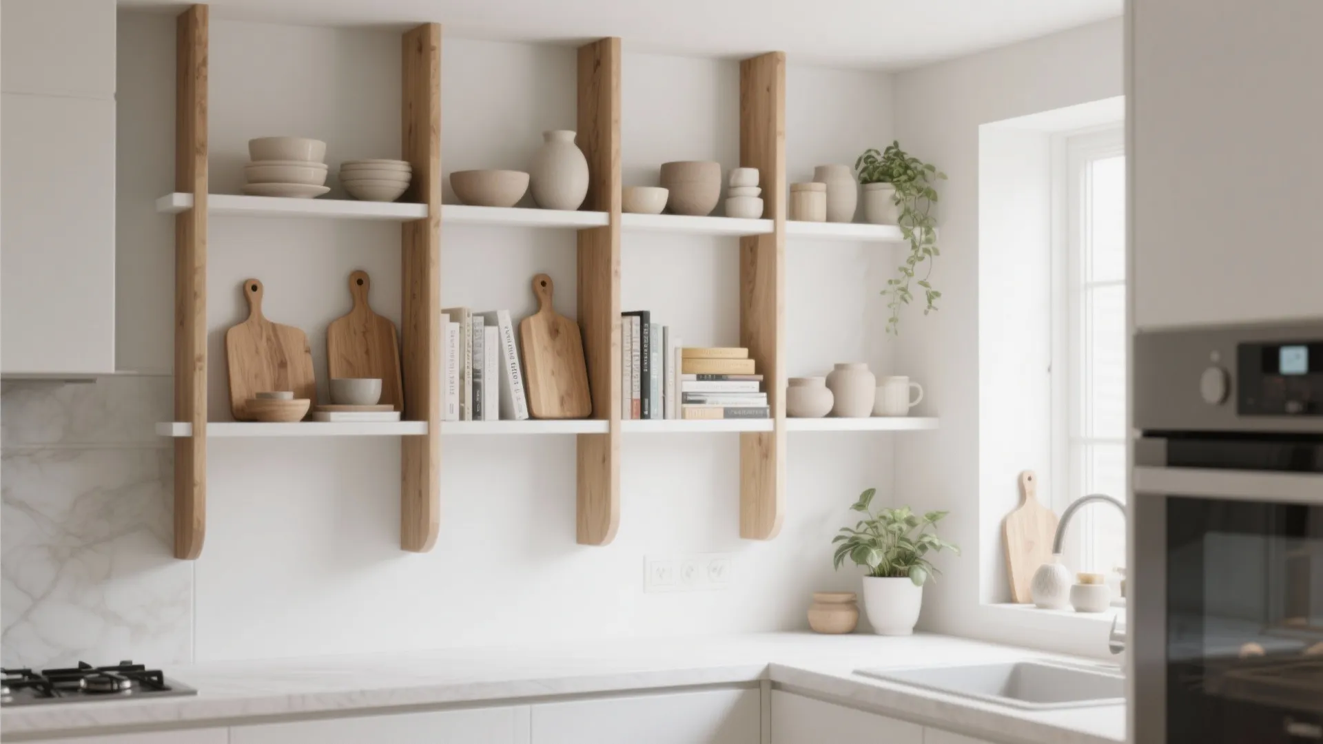 Floating wood shelves with vertical dividers organizing cutting boards and cookbooks in a white kitchen.