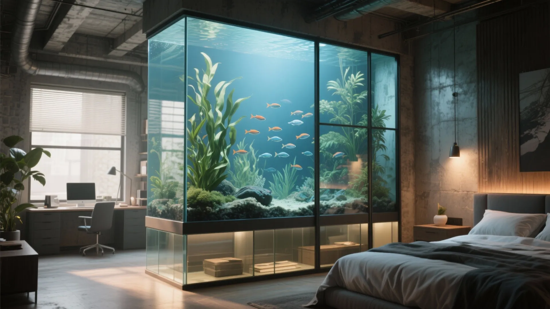 Large glass fish tank used as a room divider between home office and bedroom area