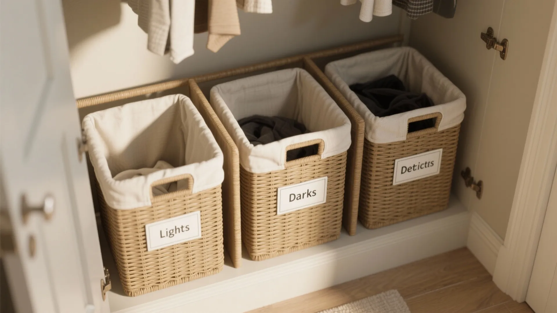 Three woven laundry baskets with white fabric liners organized inside a closet for sorting clothes neatly