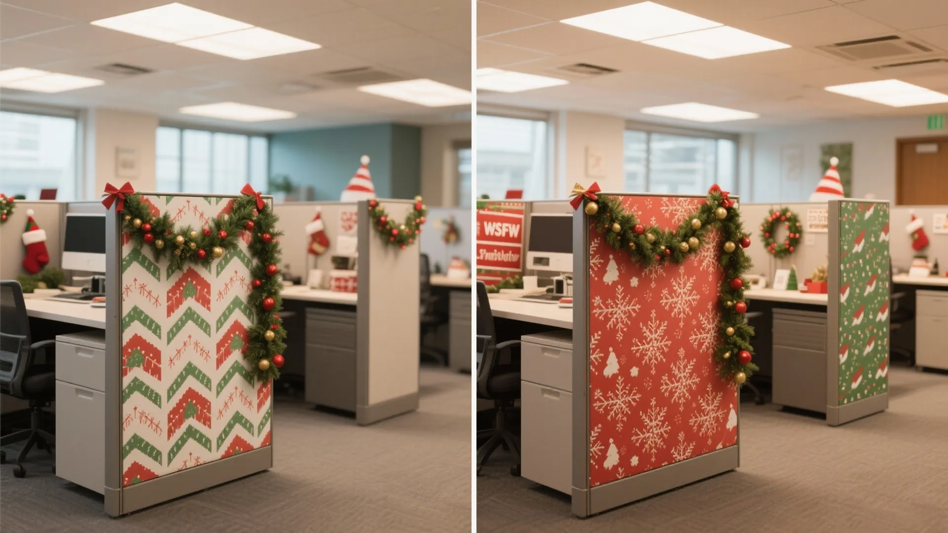 Before and after comparison of office cubicle partitions decorated with different festive Christmas pattern wallpapers